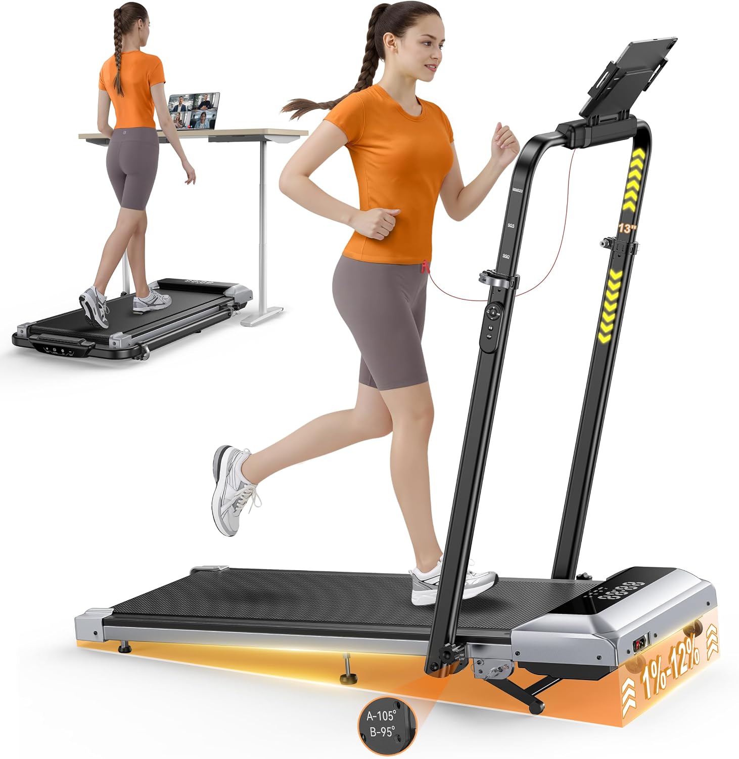 Detalle de TOPUTURE TP6 Folding Walking Pad Treadmill, 12% Incline, Adjustable Handlebar