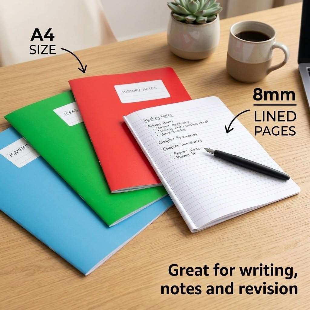 Detalle de Flying Colours A4 Exercise Books – 3-Pack, 8mm Ruled, Assorted Colours (Red, Green & Blue)