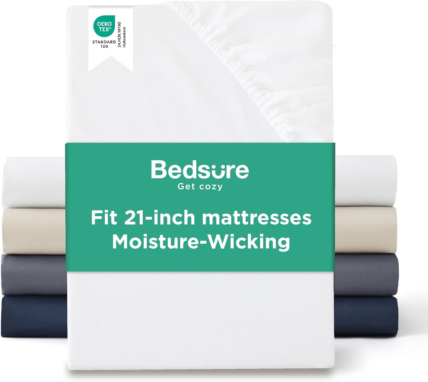Detalle de Bedsure Fitted Sheet-Solid-Moisture King Fitted Sheet, White, 21-Inch Pocket
