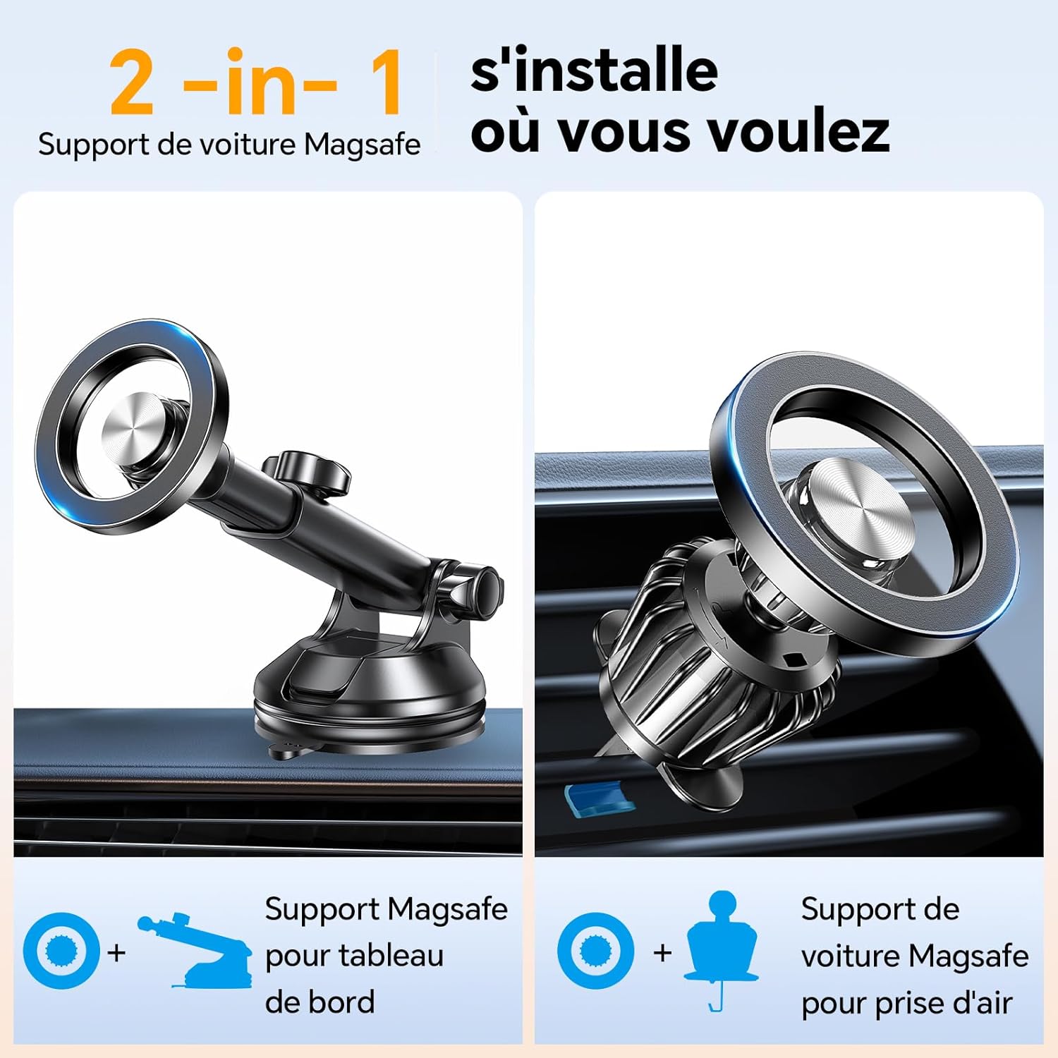 Thumbnail 1 de Coolpow Support Téléphone Voiture Magnétique avec bras télescopique 360° (aimant MagSafe, ventouse gel)