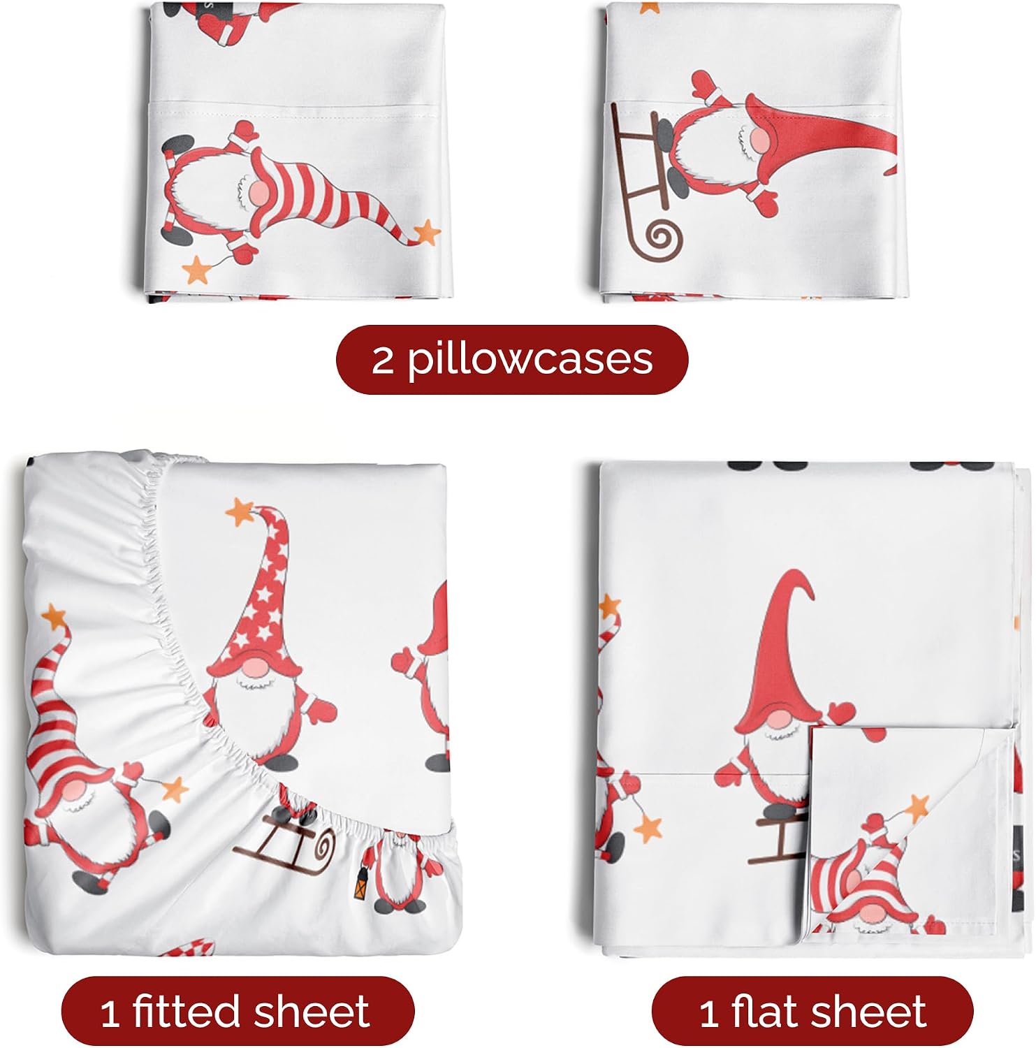 Detalle 2 de CGK Unlimited Holiday Gnomes Red Full Sheet Set, Brushed Microfibre