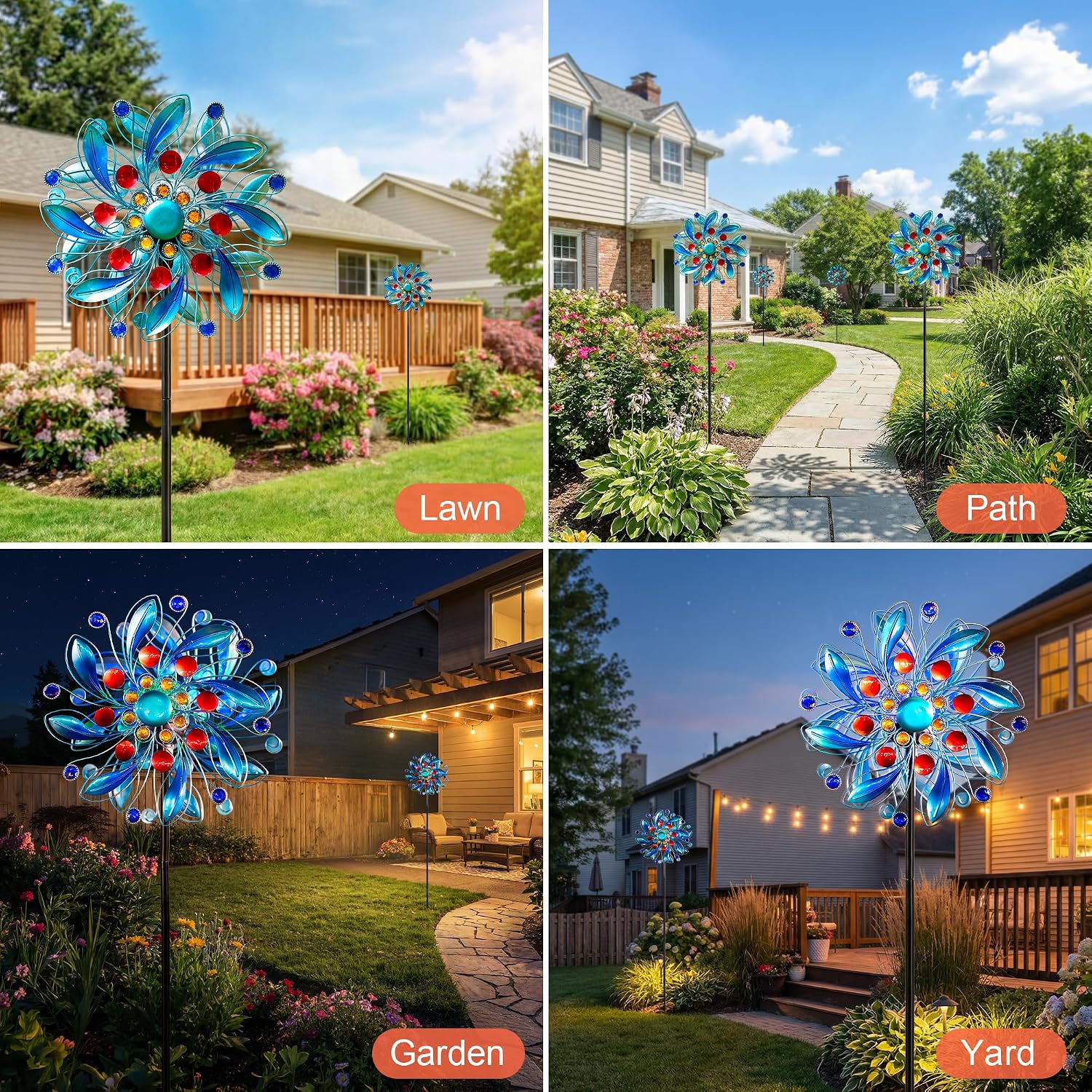 Thumbnail 6 de MXwcy LT00217S1 Solar Wind Spinner, Blue Floral Metal Decor with Solar Light
