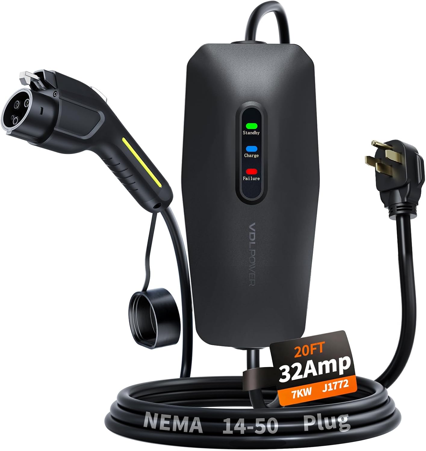Detalle de VDLPOWERVP EV Charger 3kW Type 2 to 3 Pin Plug — 8m Portable EV Charger for UK
