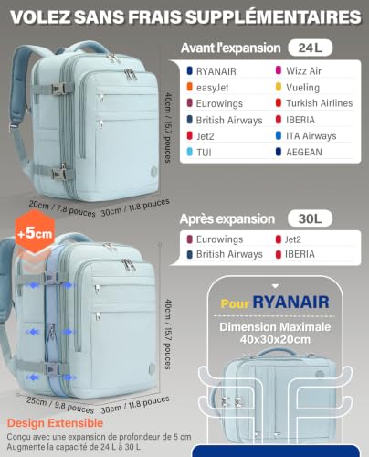 Detalle de VANKEV Sac à Dos Voyage Cabine Extensible – 24 à 30 L, TSA & 3 compartiments