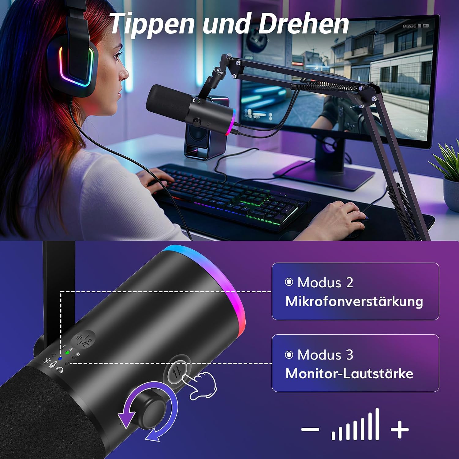 Detalle de TONOR Dynamisches Gaming-Mikrofon: USB/XLR-Kombi mit KI-Geräuschunterdrückung und RGB-Beleuchtung