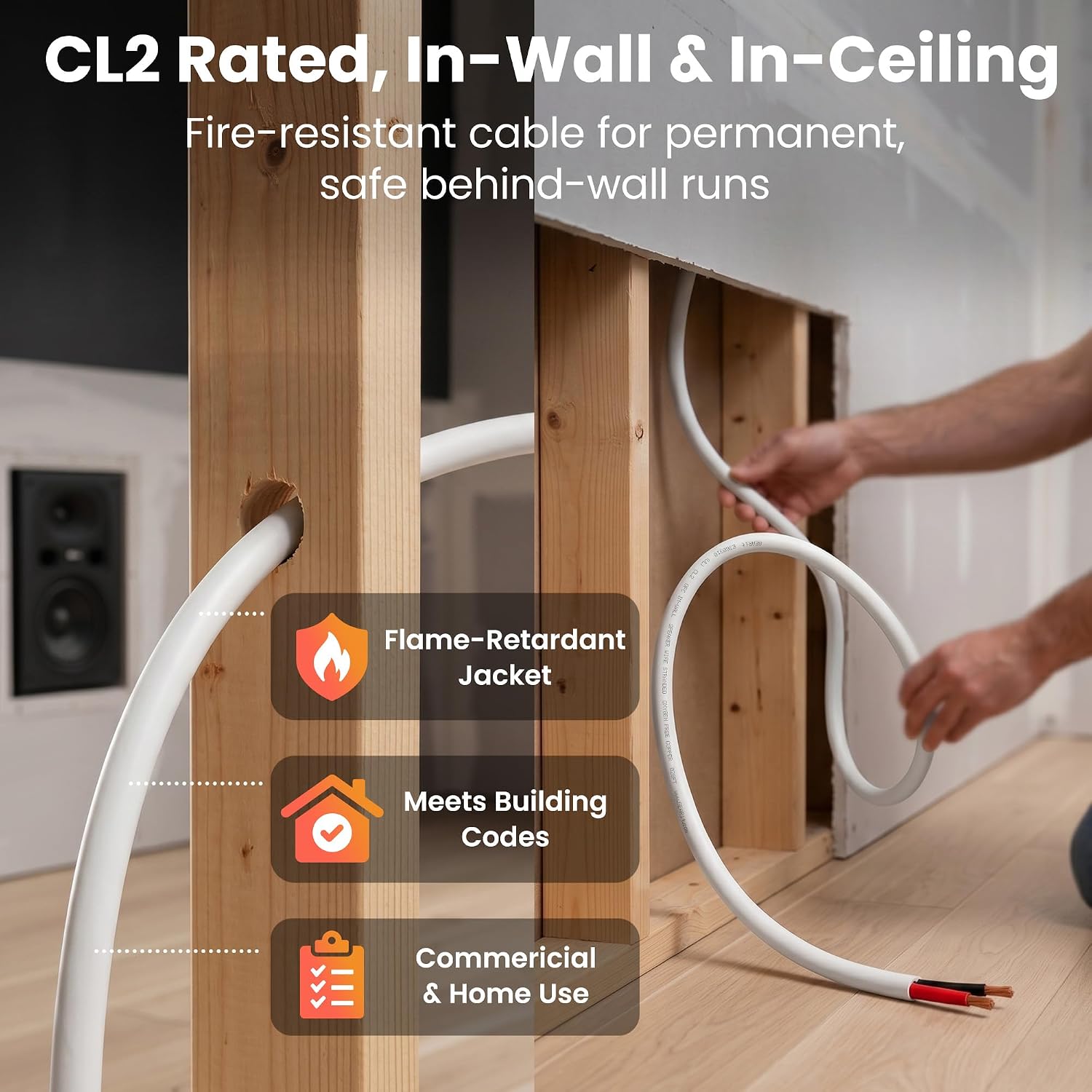 Detalle 2 de GEARit 2x2.5mm² In-Wall Speaker Cable – 30.48 m / 100 ft, CL2 Rated, UL Listed, White