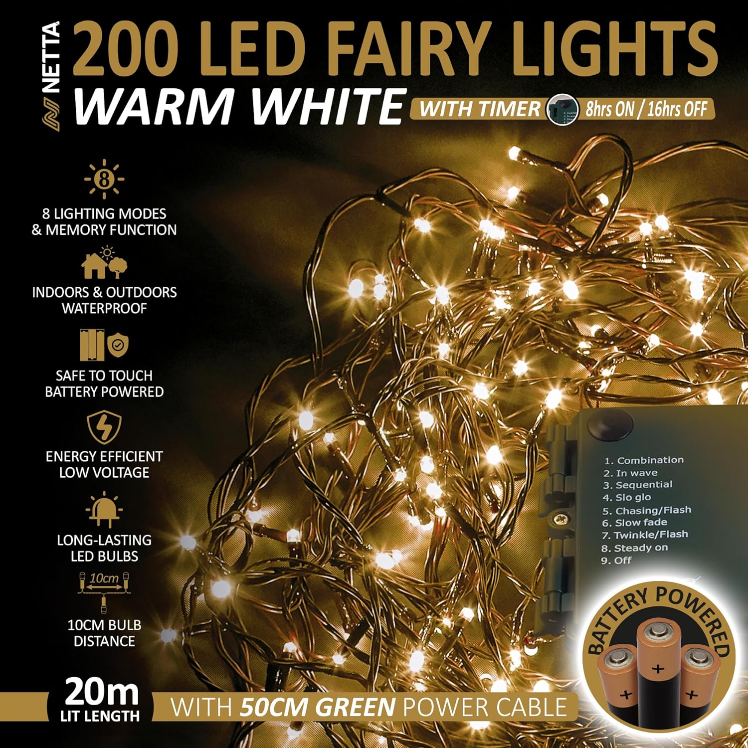 Thumbnail 1 de NETTA Battery Operated 200 LED 20M Christmas Tree Fairy Lights with Timer (Warm White) – 8 Modes