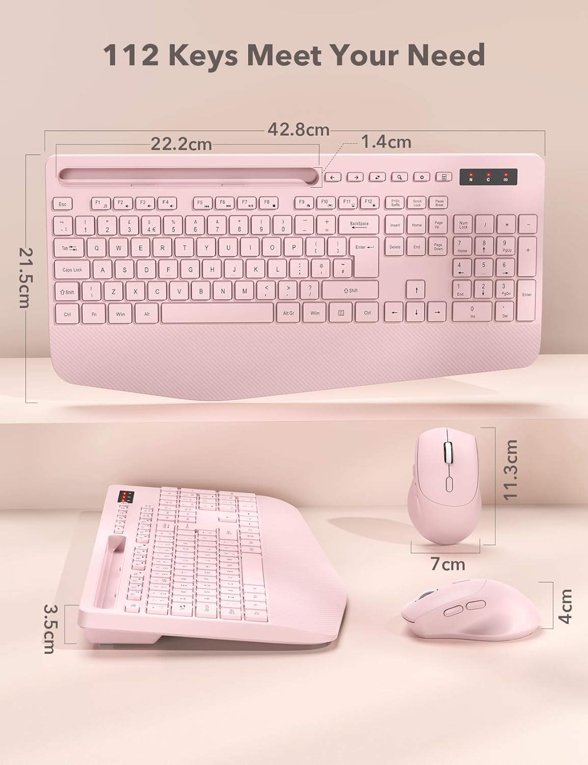 Thumbnail 6 de Wireless Keyboard and Mouse Combo (Pink) — Full-Size, Ergonomic with Wrist Rest