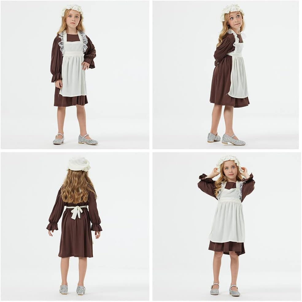 Thumbnail 3 de Aomig Vestito da Cameriera Bambina in stile medievale (kit da 4 pezzi: abito, grembiule, bonnet e calzini)