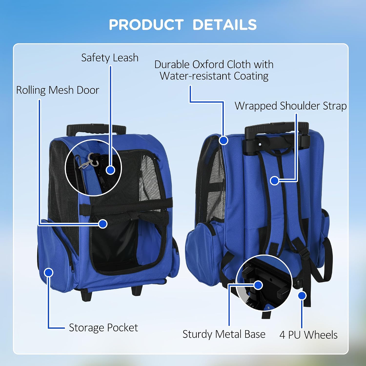 Detalle 2 de PawHut Pet Travel Backpack Bag Carrier with Trolley and Telescopic Handle (Blue)