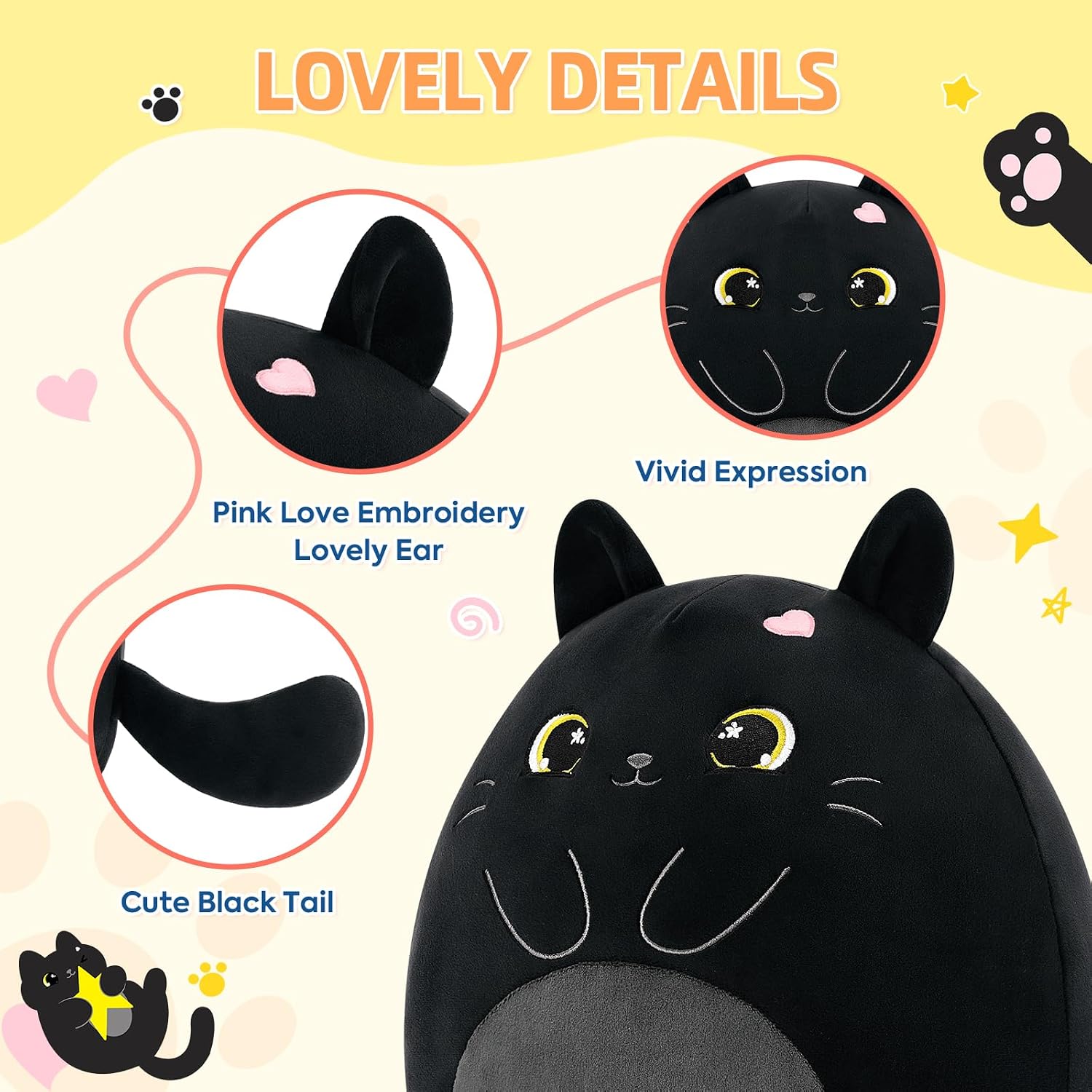 Detalle 2 de Shownicer Plüschtier Katze Schwarz – 30 cm Kuschelkissen, Weiches Plüschtier Katze