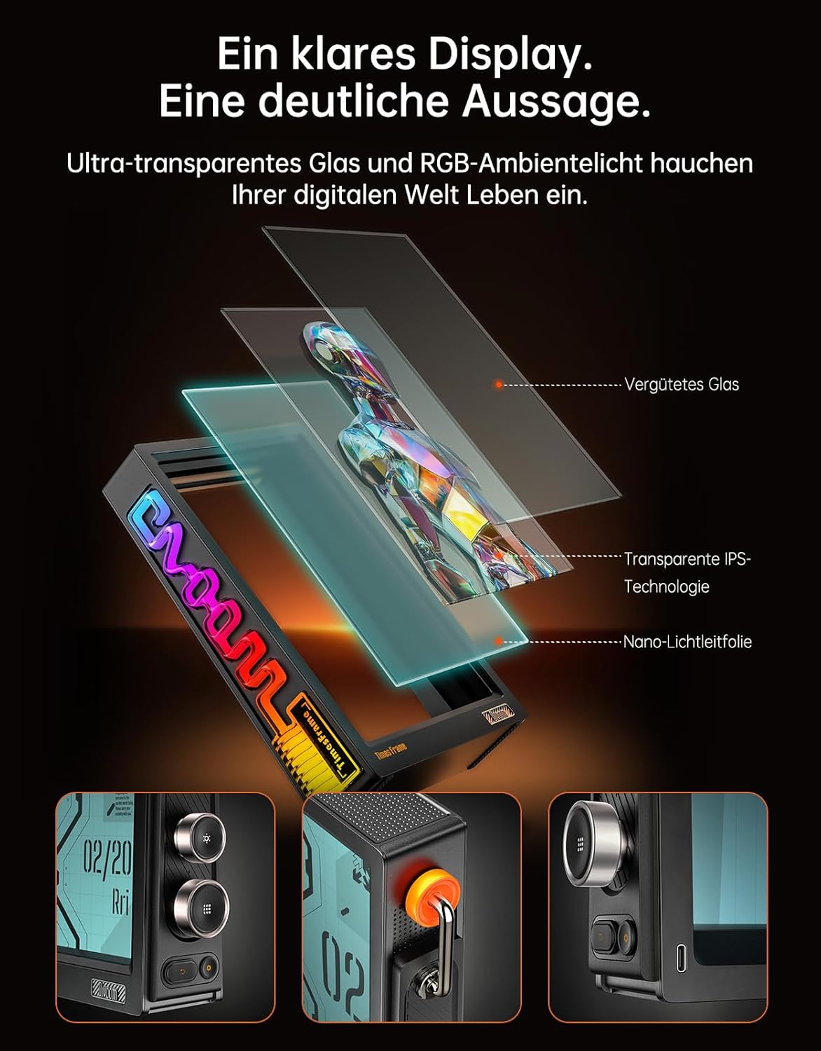 Thumbnail 3 de Divoom Times Frame – Cadre photo numérique IPS 10,1" Wi‑Fi, 64 Go, boutons RGB et +400 cadrans