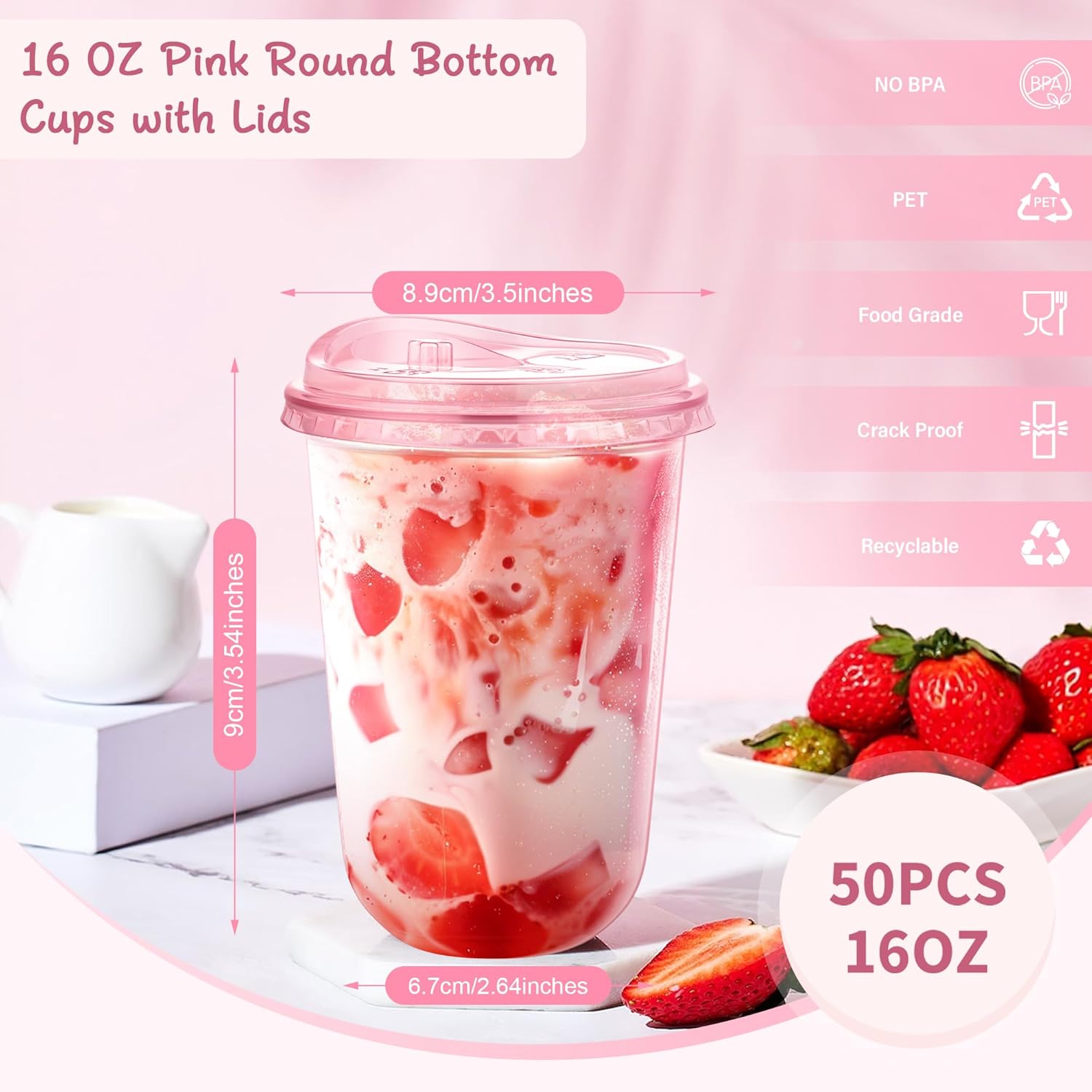 Detalle de KesaPlan 50 Pack 16 oz Pink Plastic Party Cups with Sip Lids