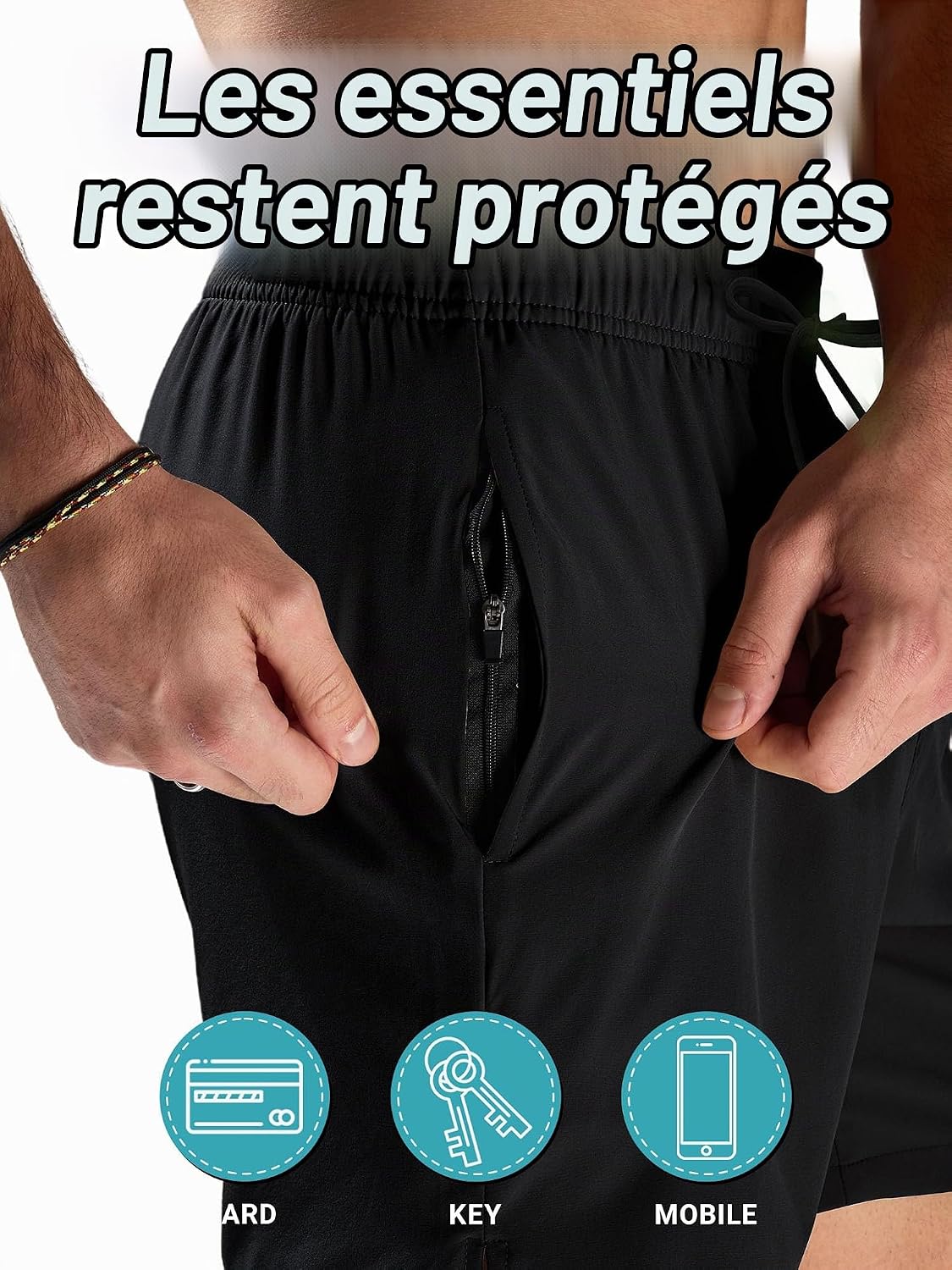 Detalle 2 de Arcweg Homme Short de Bain Sport Bermuda Séchage Rapide – Noir, Élastique et Cordon Réglable