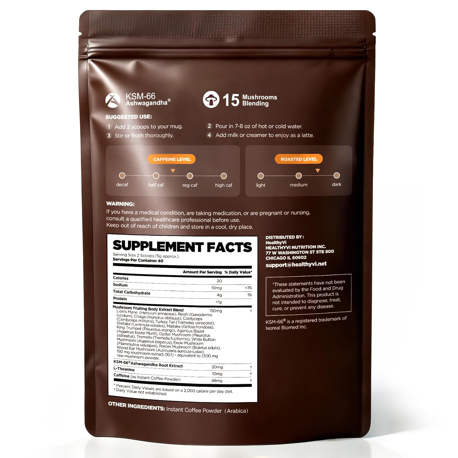 Detalle 2 de HealthyVi Mushroom Coffee, Medium Roast Arabica with 15 Mushrooms