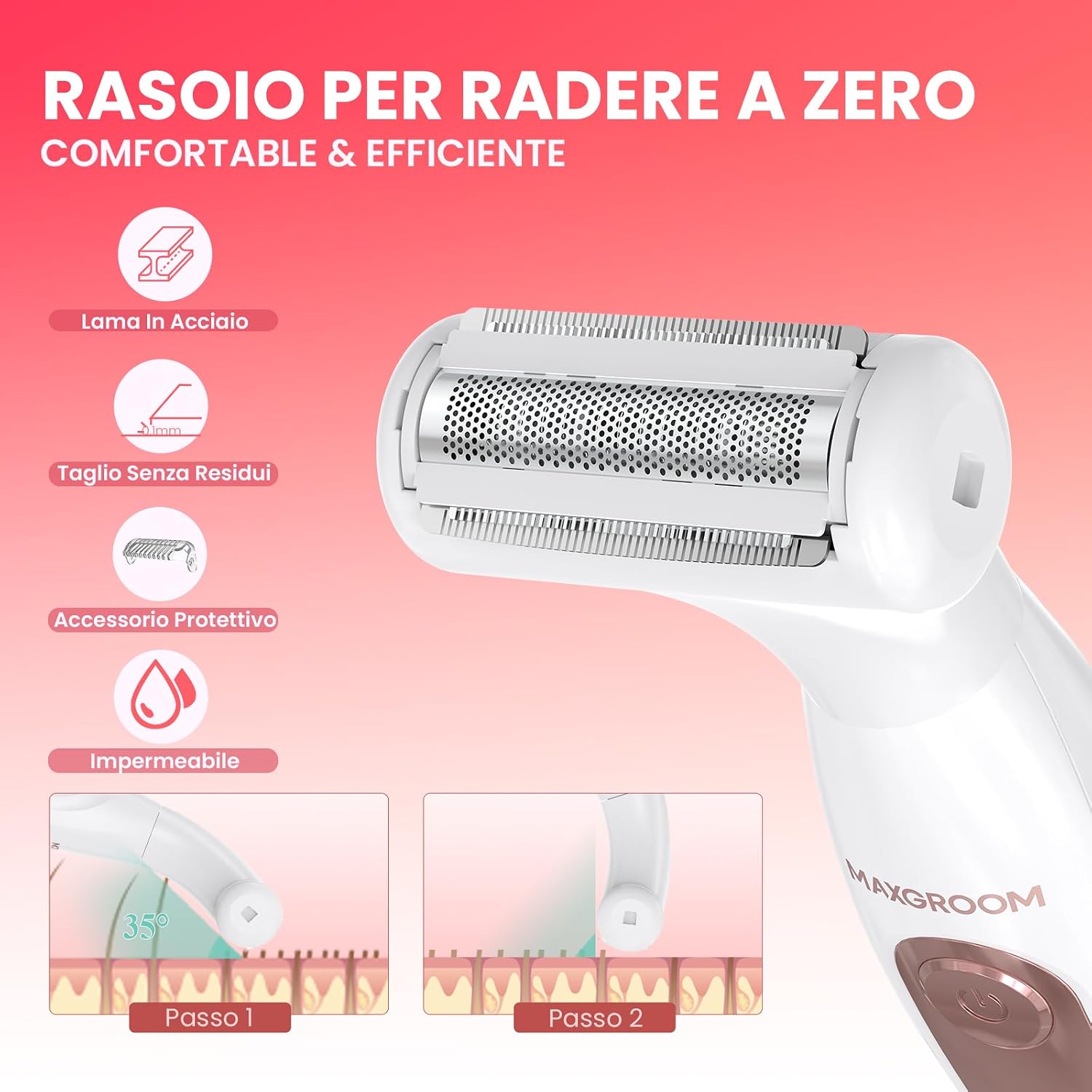 Detalle de MAXGROOM 4 In 1 Rasoio Elettrico Donna – Kit corpo e inguine con ricarica Type-C e LED display