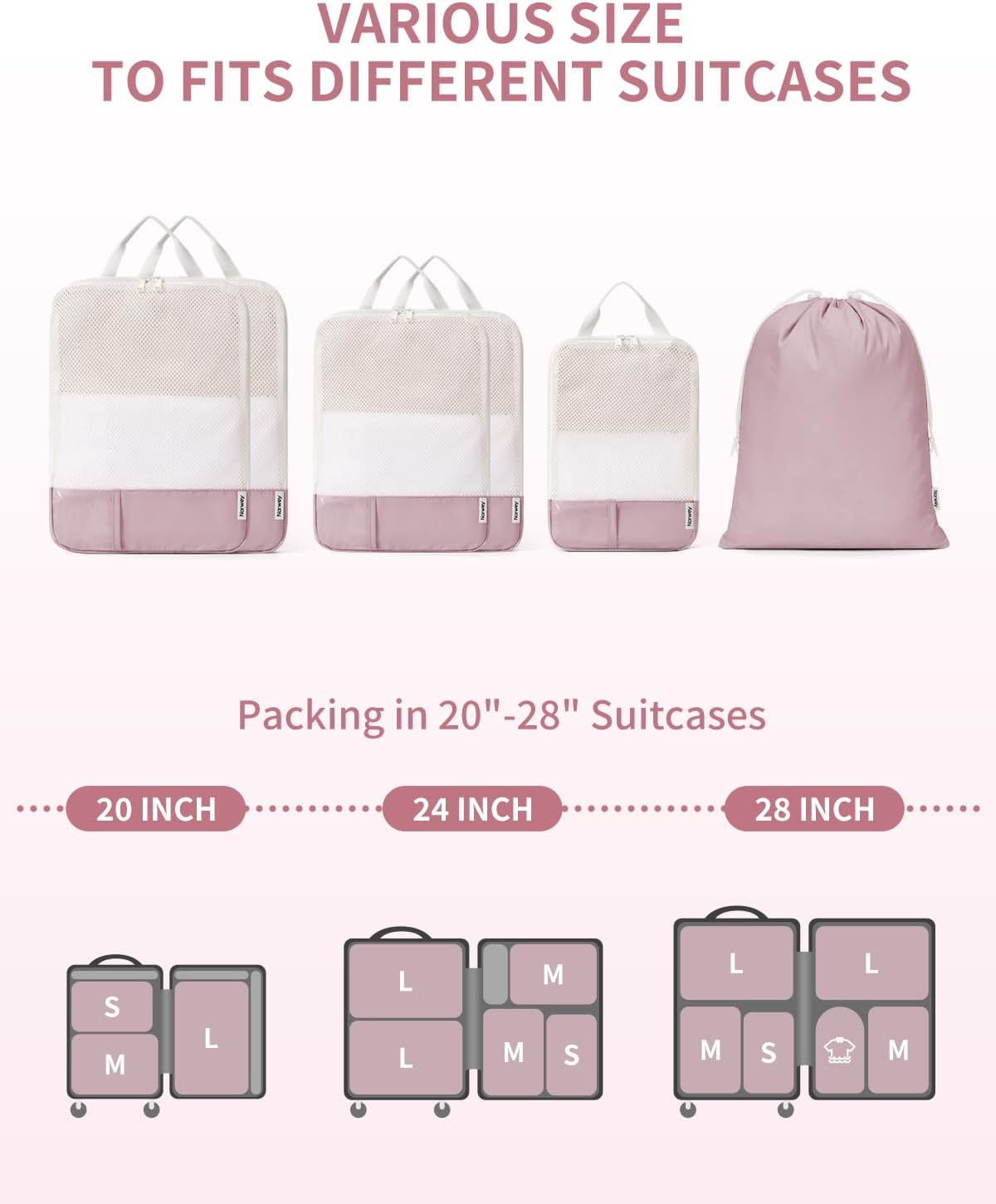 Detalle de Narwey 6‑teilige Packing Cubes Kofferorganizer Set – Kompression und Ordnung für Reise und Alltag (Rosa)
