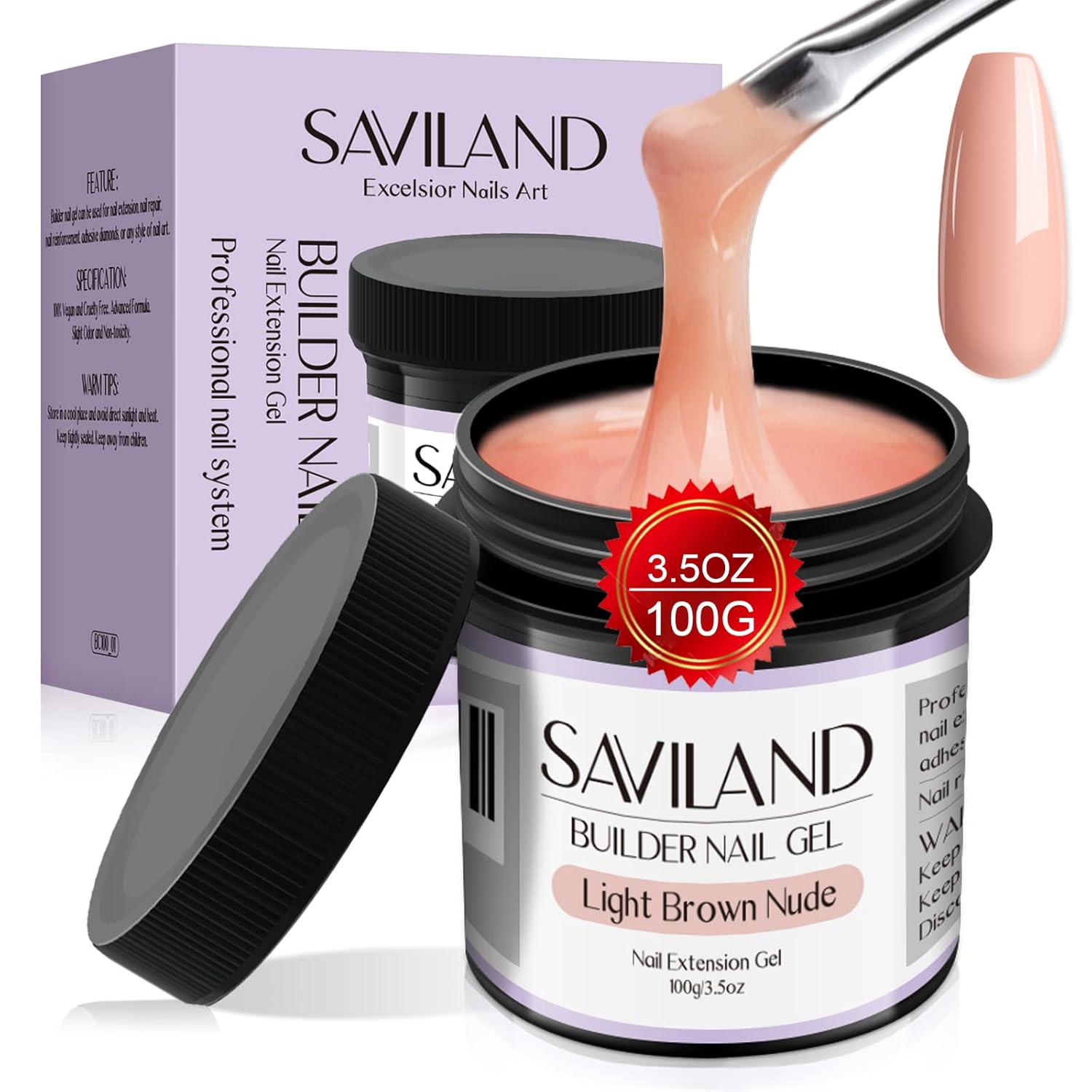Detalle de Saviland Nagel Aufbaugel 100 g – Nacktes Braun Aufbaugel für Gelnägel (Hartgel, UV/LED) im Starter-Set