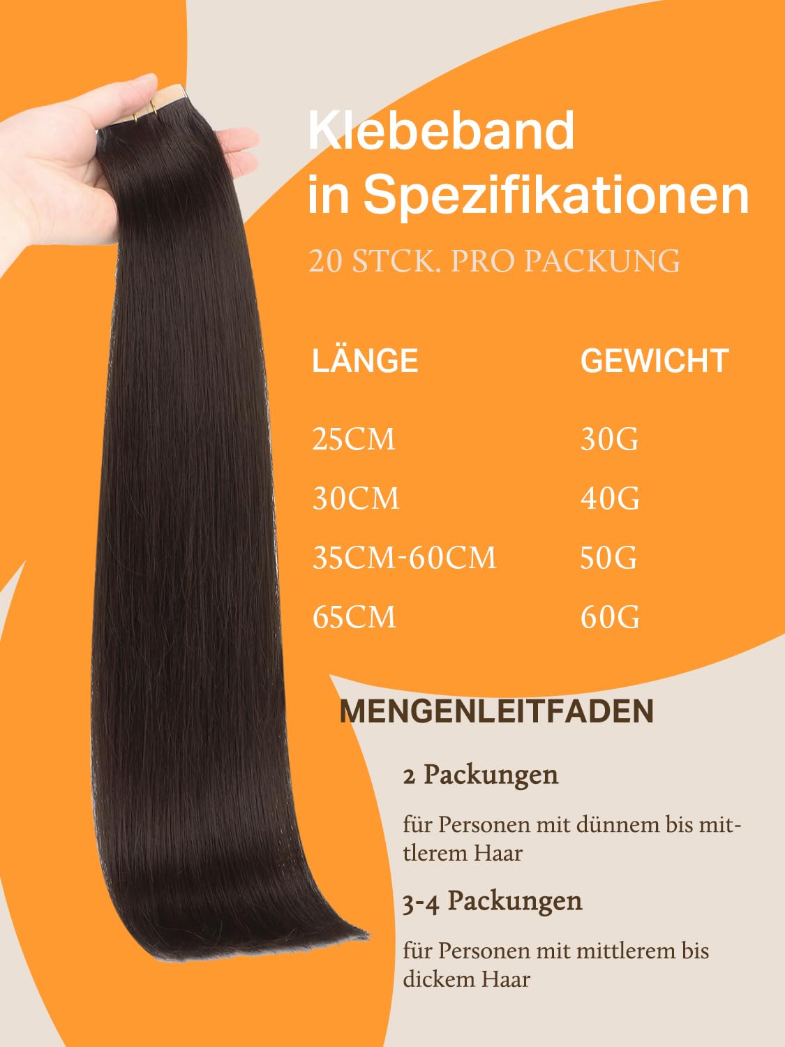 Detalle 2 de DOORES Tape-in Haarverlängerungen REMY Echthaar, 40 cm (16 Zoll), 50 g, 20 Stück – helles Dunkelbraun