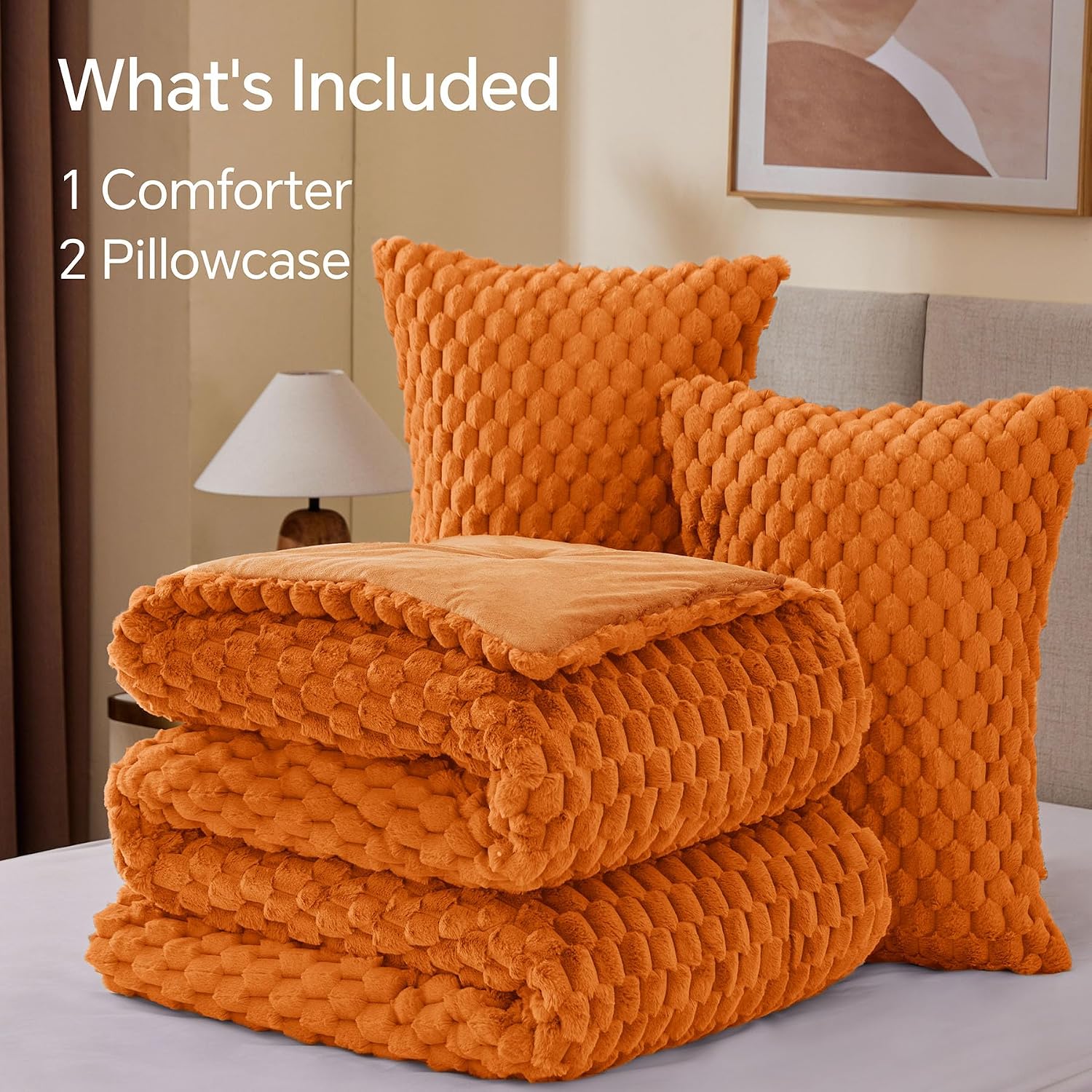 Detalle 1 de BEDELITE Fluffy Full Comforter Set, Burnt Orange Fleece, 3 Pieces