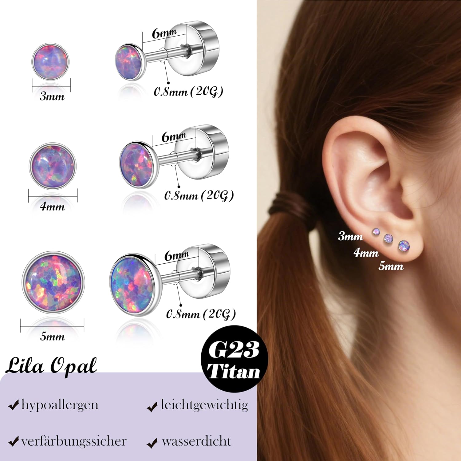Thumbnail 4 de Titan Ohrstecker mit Schraubverschluss (G23) – kleine Zirkonia in Lila Opal, 3/4/5 mm