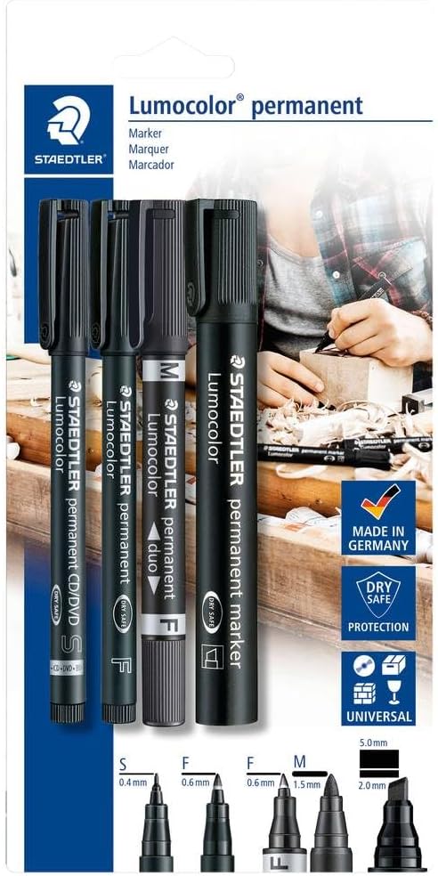 Staedtler Lumocolor - Pennarello indelebile (set 4 neri), Dry Safe e ricaricabili