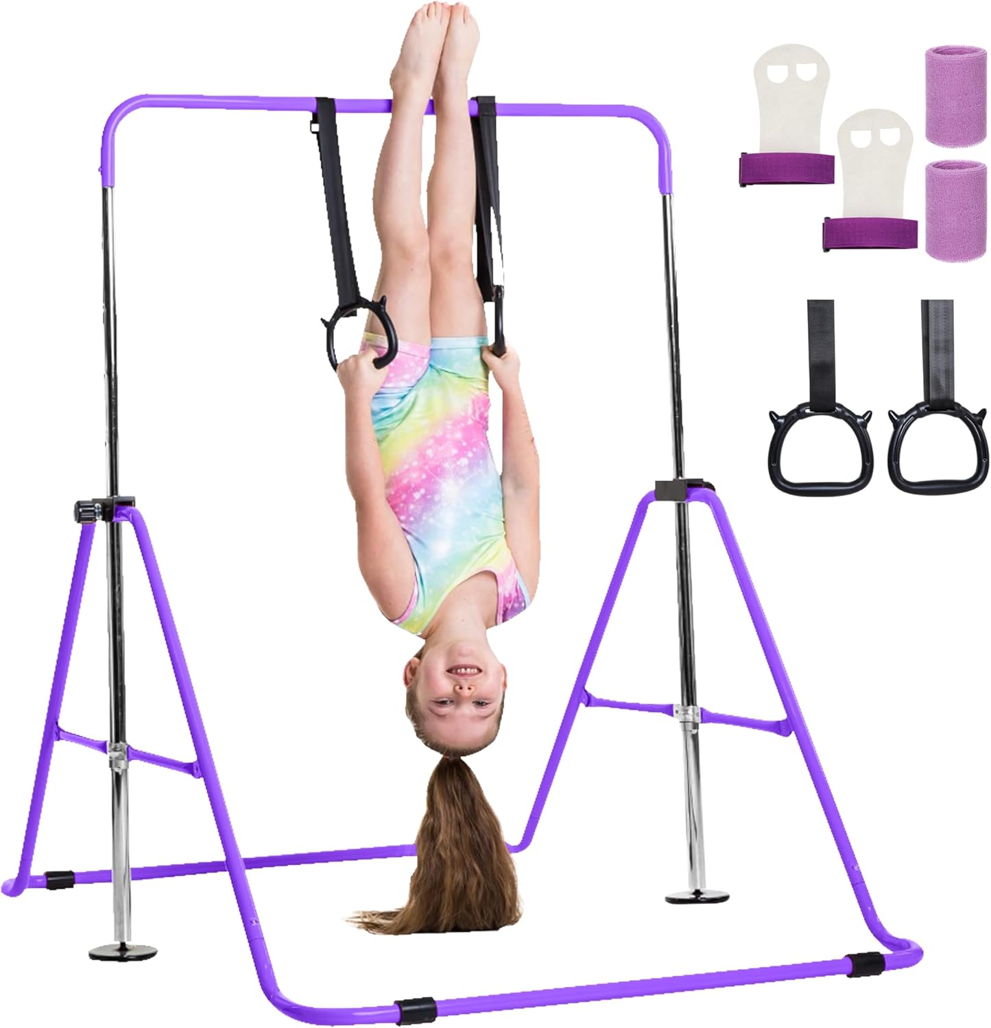 Detalle de TINY TUMBLERS Gymnastics Bar with Rings and Hand Grips – Adjustable Home Bar for Kids