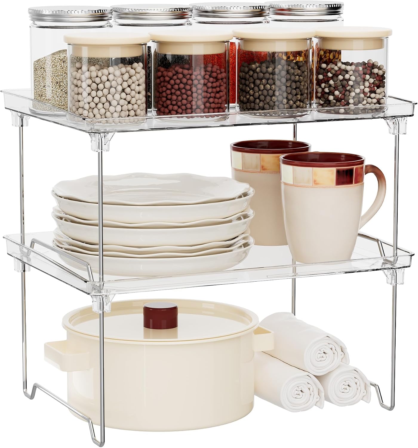 Detalle de STARLATTA 2 Pcs Cabinet Organizer Shelf: Stackable, Clear PET & Stainless Steel Shelves for Kitchen, Bathroom, and More