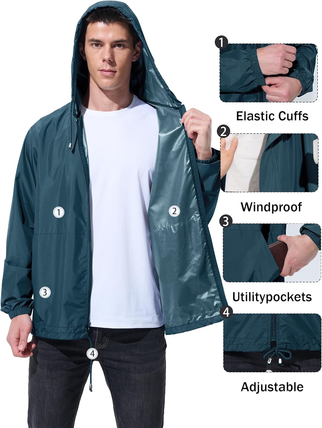 Detalle de UIQUR Men's Rain Jacket: Waterproof, Windproof & Packable with Hood