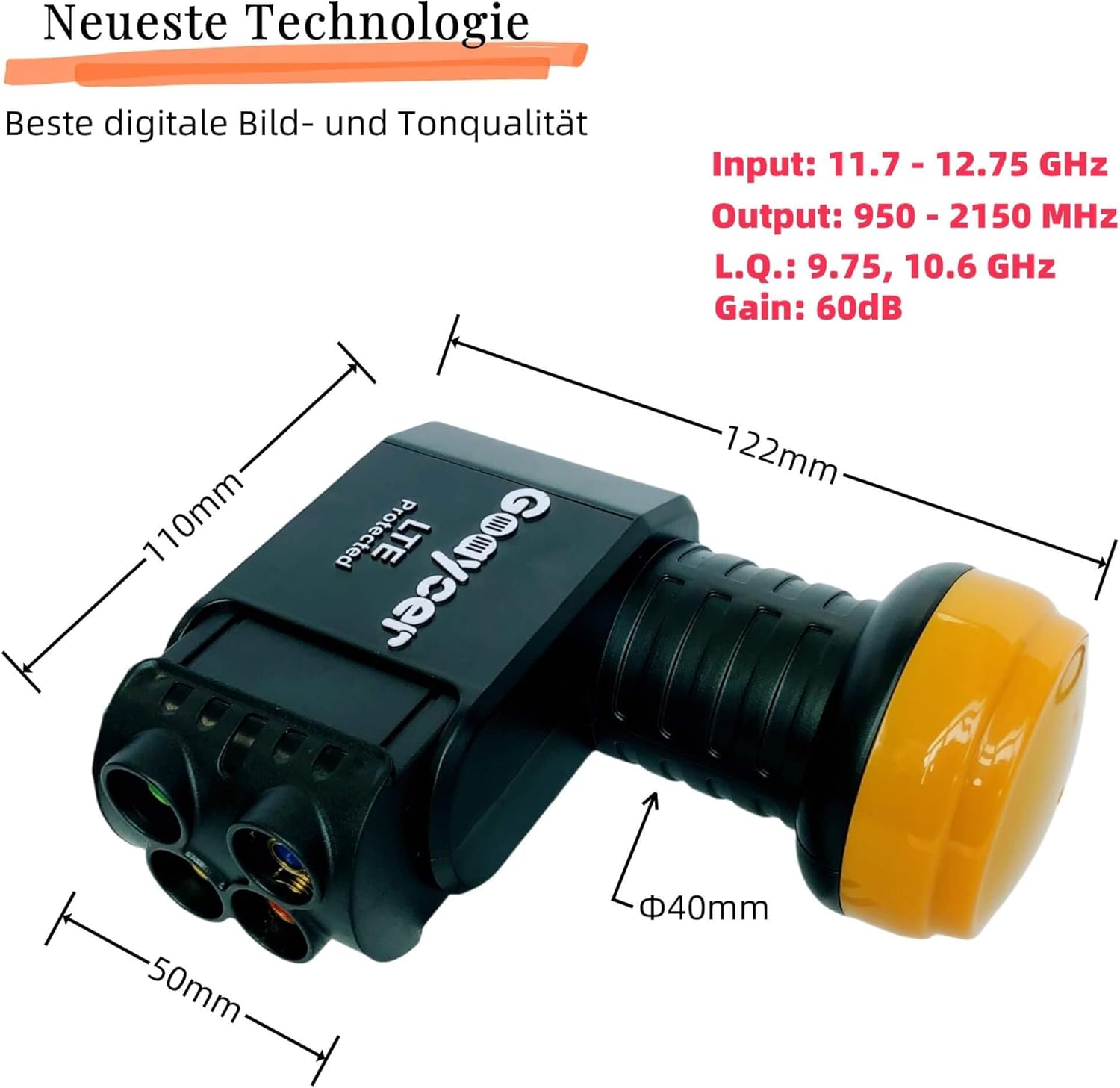 Thumbnail 3 de Goaycer Quad LNB 4-fach Digital HD 4K mit LTE-Filter (goldener Stecker, Wetterschutz, 3D)