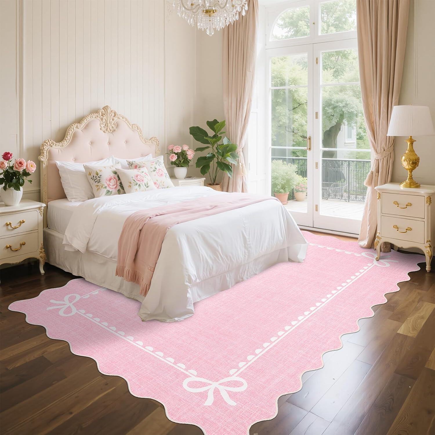 Thumbnail 1 de GarveeHome Scalloped Bow Rug 8x10 in Soft Pink — Non-Slip, Washable for Living Room, Nursery, and Dorm