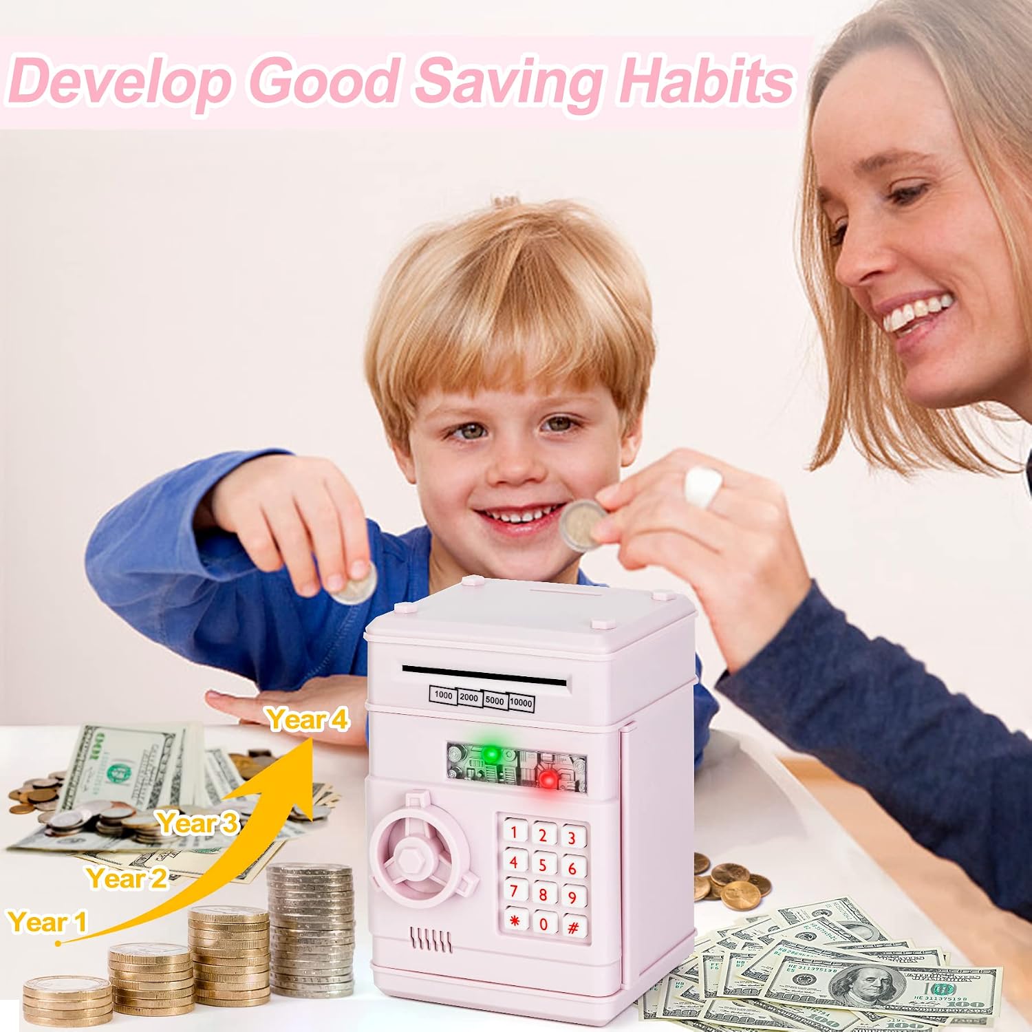 Thumbnail 1 de Refasy Piggy Bank Cash Coin Can ATM Bank for Kids (3-12) – password-protected, high-capacity savings miniature ATM