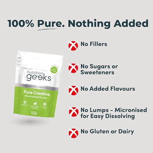 Detalle de Nutrition Geeks Pure Creatine Monohydrate Powder – 315g (90 Servings), Unflavoured, Micronised & Easy to Dissolve