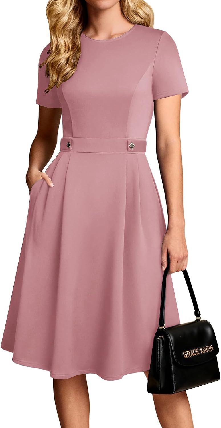 Detalle de GRACE KARIN A-Line Dress for Women UK – Elegant Crew Neck with Pockets