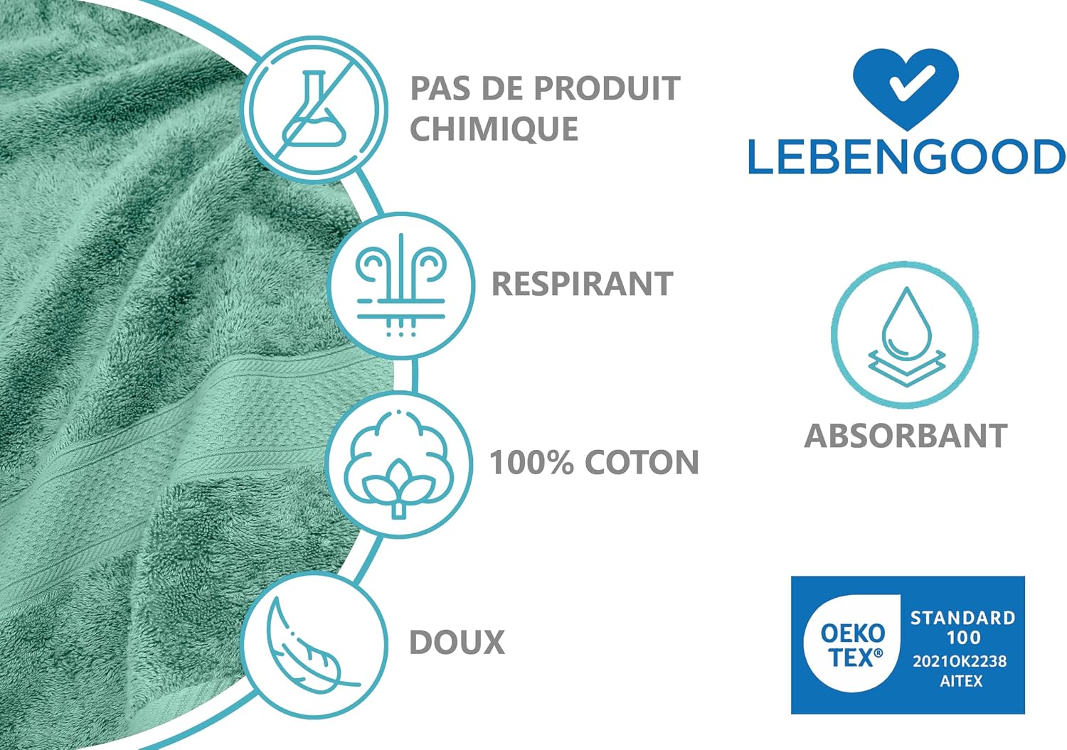 Detalle de LEBENGOOD Serviette de Bain 550Gsm 50 x 90