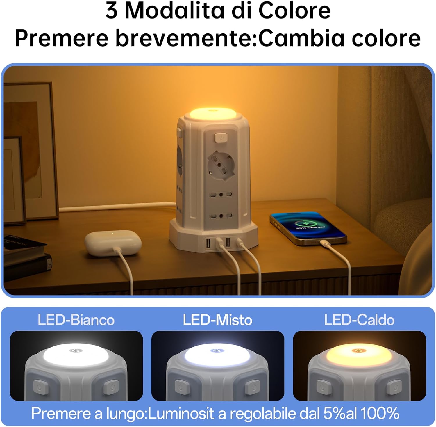 Thumbnail 2 de Ciabatta elettrica KEMELO verticale con luce notturna, 12 prese e 4 USB (3 USB-A + 1 USB-C) e 4 interruttori indipendenti, 2 m