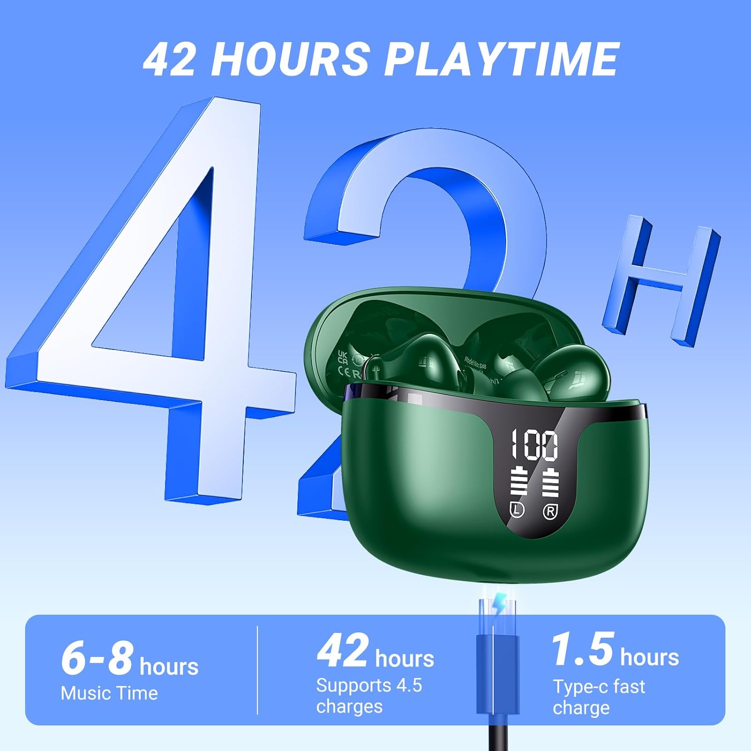 Thumbnail 4 de Wireless Earbuds Bluetooth 5.3 in-ear with 4 ENC Mic, 42h battery, IPX7 waterproof and LED display (Green)