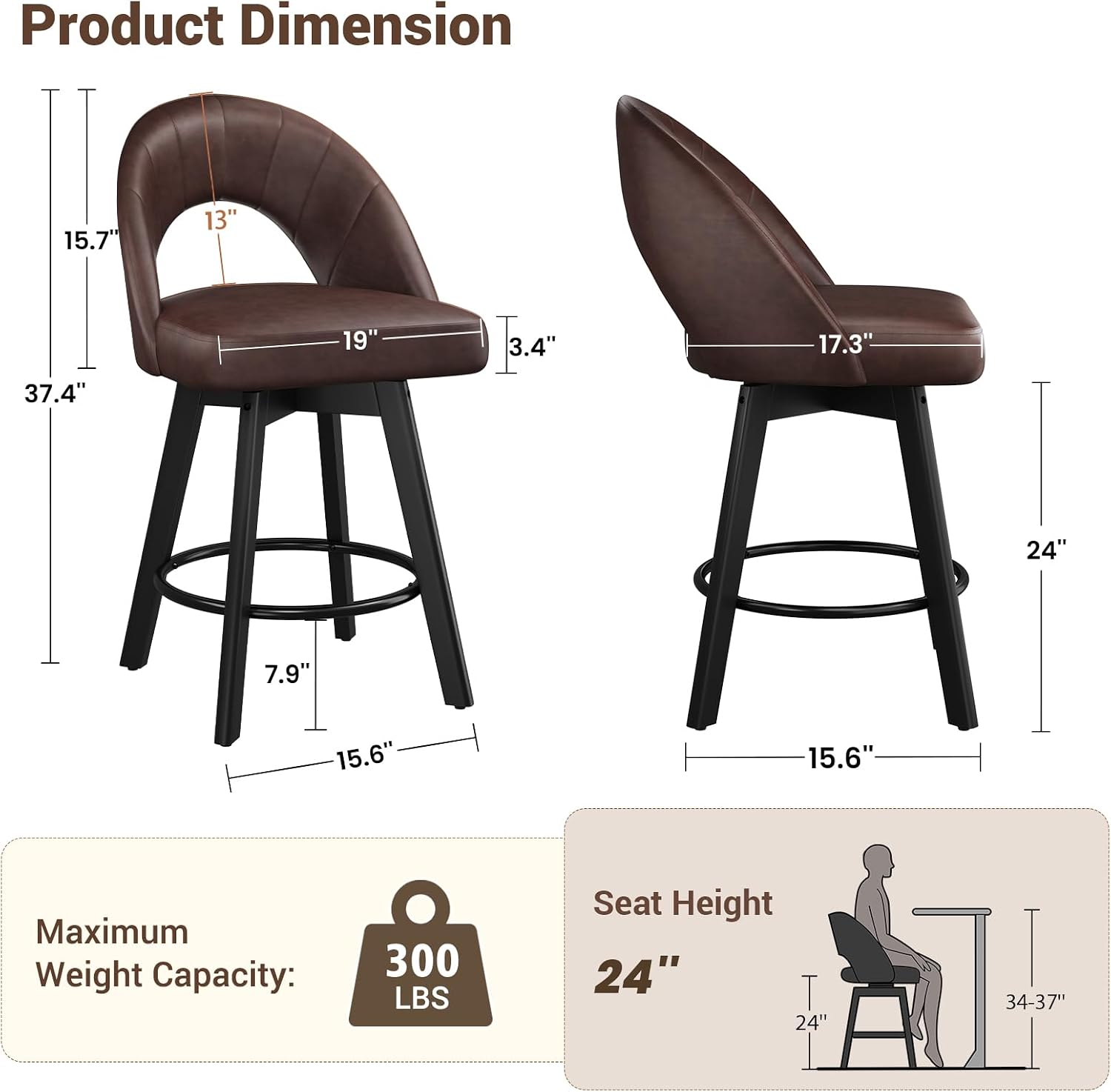 Detalle 2 de YaFiti FW_847 Counter-Height Swivel Bar Stools, Set of 3, Saddle Brown