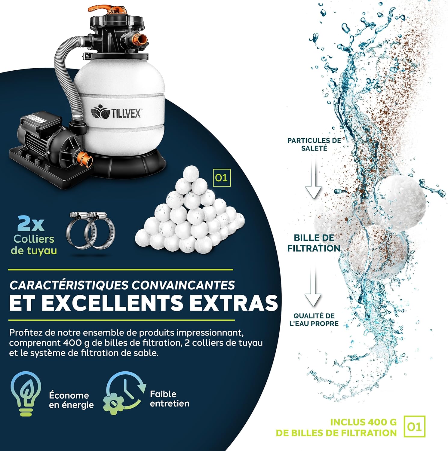 Thumbnail 4 de Système de filtre à sable tillvex® 7.900 L/h avec vanne 7 voies et indicateur de pression (adaptateur 2en1 Ø32-38 mm)