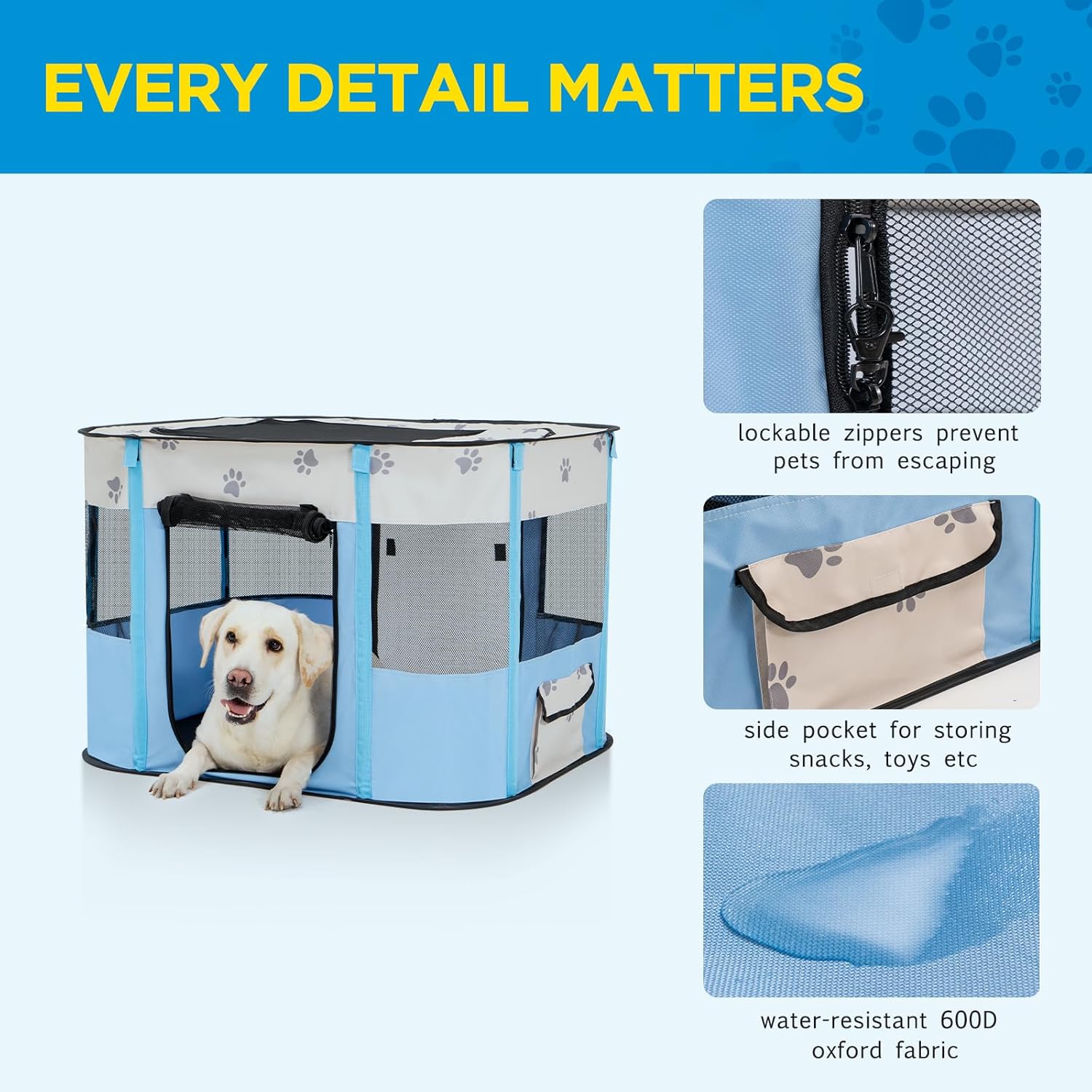 Detalle de Avont Portable Pet Playpen (M/Blue): Foldable, Indoor/Outdoor, Water-Resistant for Small Animals