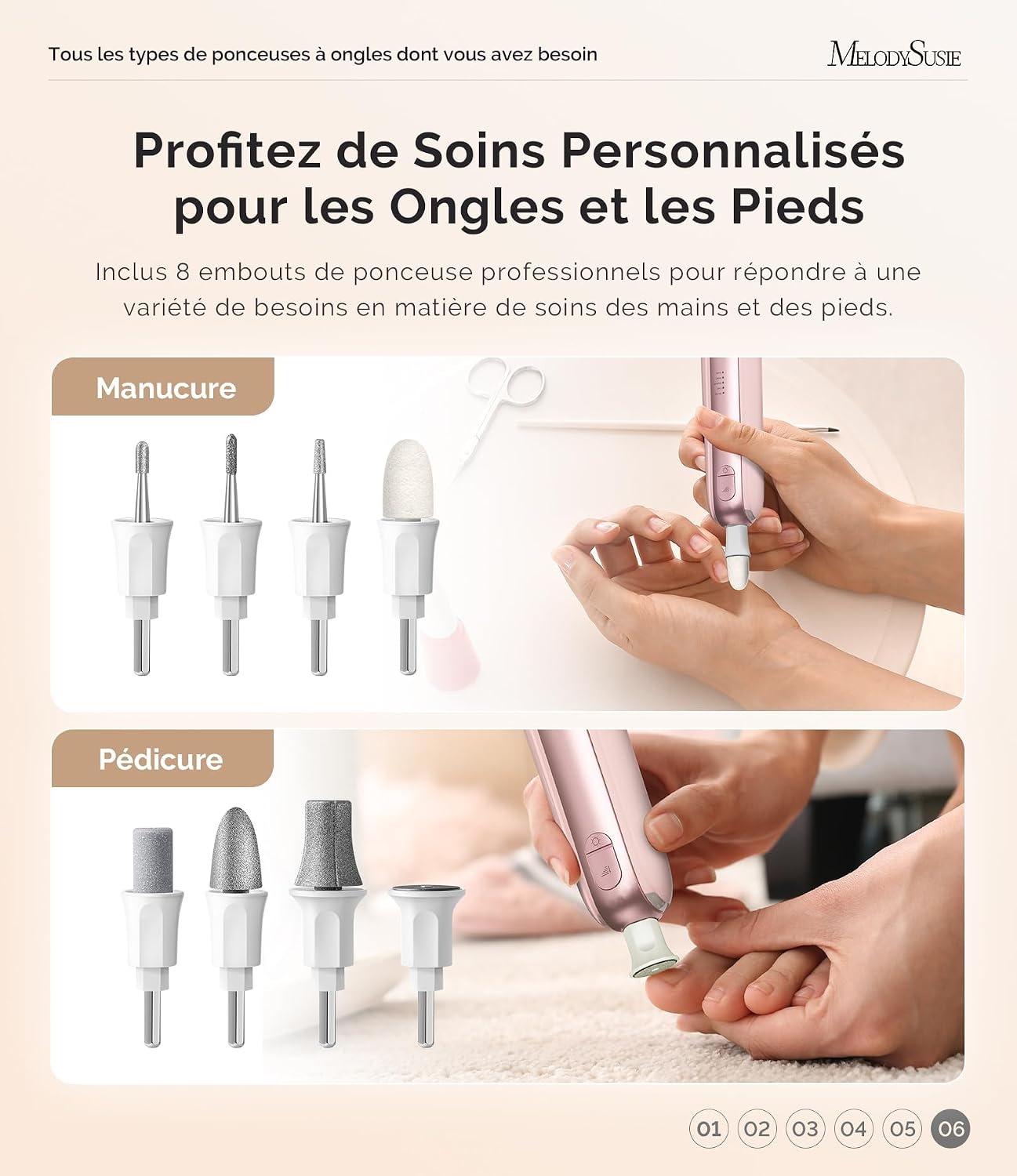 Thumbnail 6 de MelodySusie ponceuse pour ongles PC760G – kit manucure/pédicure sans fil avec 8 embouts et LED 360°, 5 vitesses