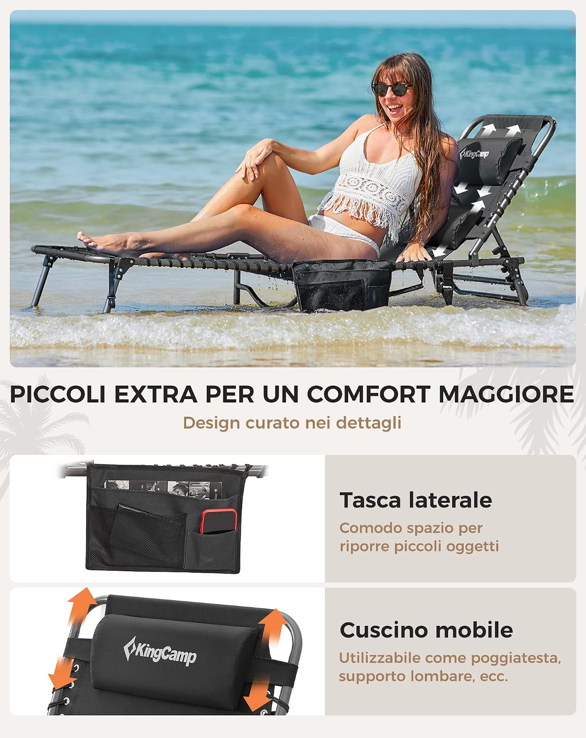 Detalle de KingCamp Set di 2 lettini prendisole pieghevoli con cuscini e tasche, lettini da giardino pieghevoli per spiaggia e giardino, capacità 180 kg