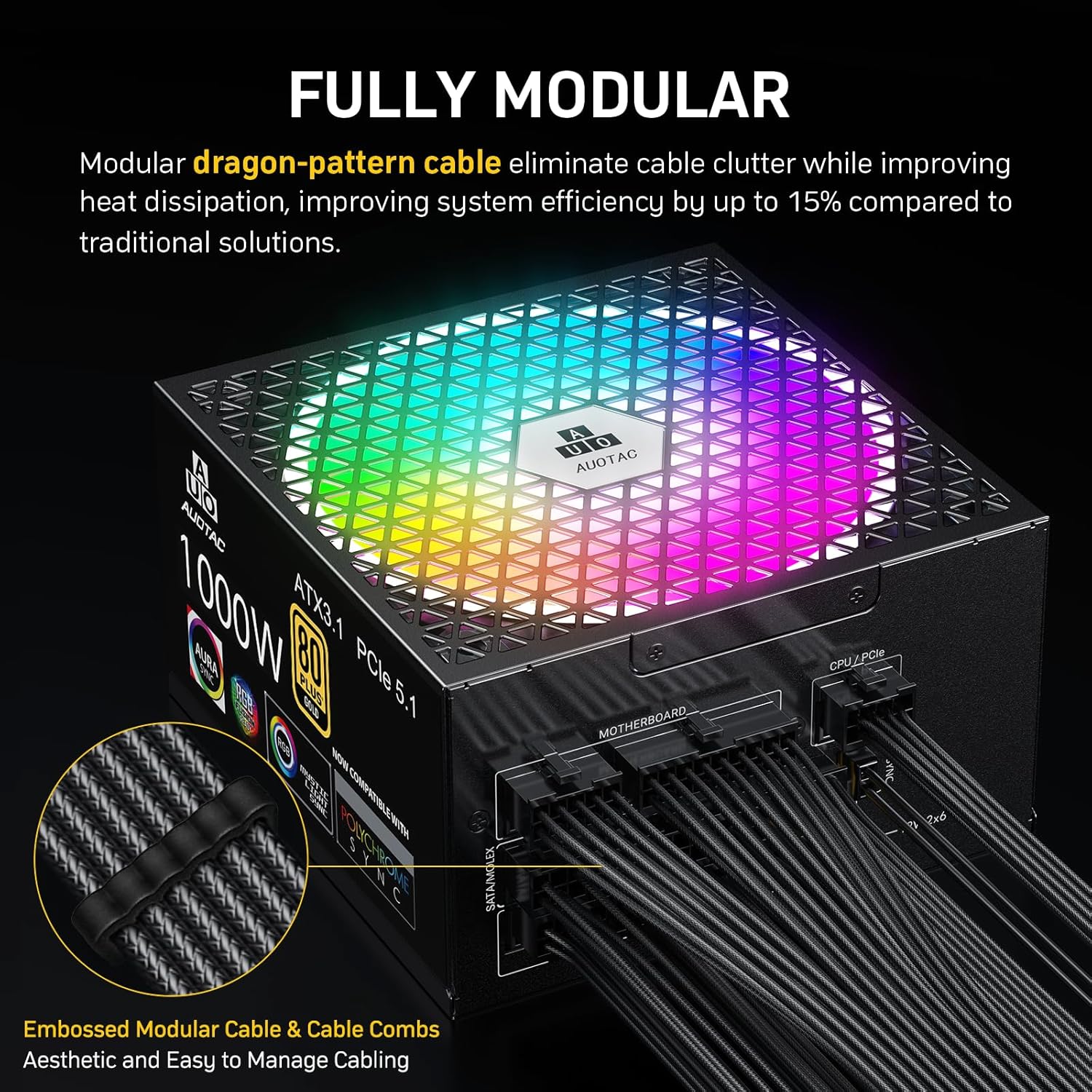 Detalle de Auotac 1000W Fully Modular Power Supply (80+ Gold, ATX 3.1 & PCIe 5.1 Ready) with RGB Silent Fan