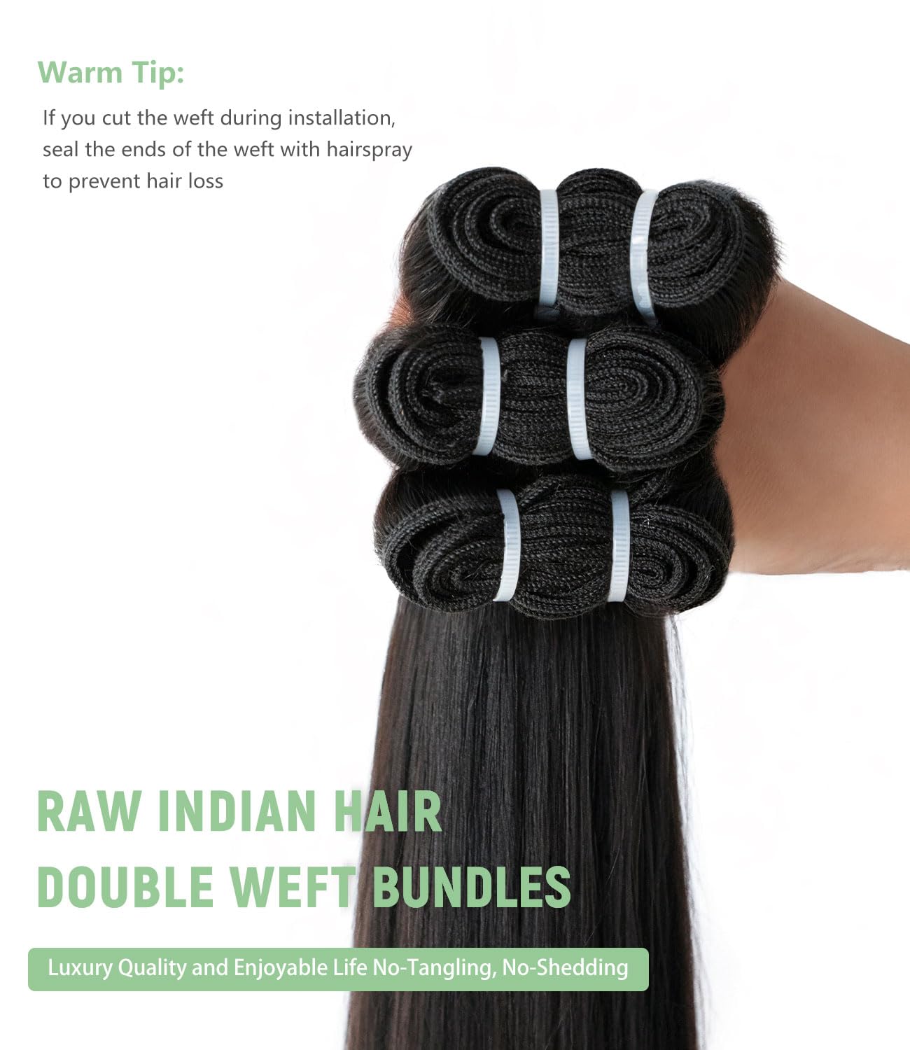 Detalle de MLIP Raw Bundles Human Hair Straight (No Tangle/Shedding) 16A Raw Indian Hair, 16/18/20 Inches – Triple Lifespan 3X