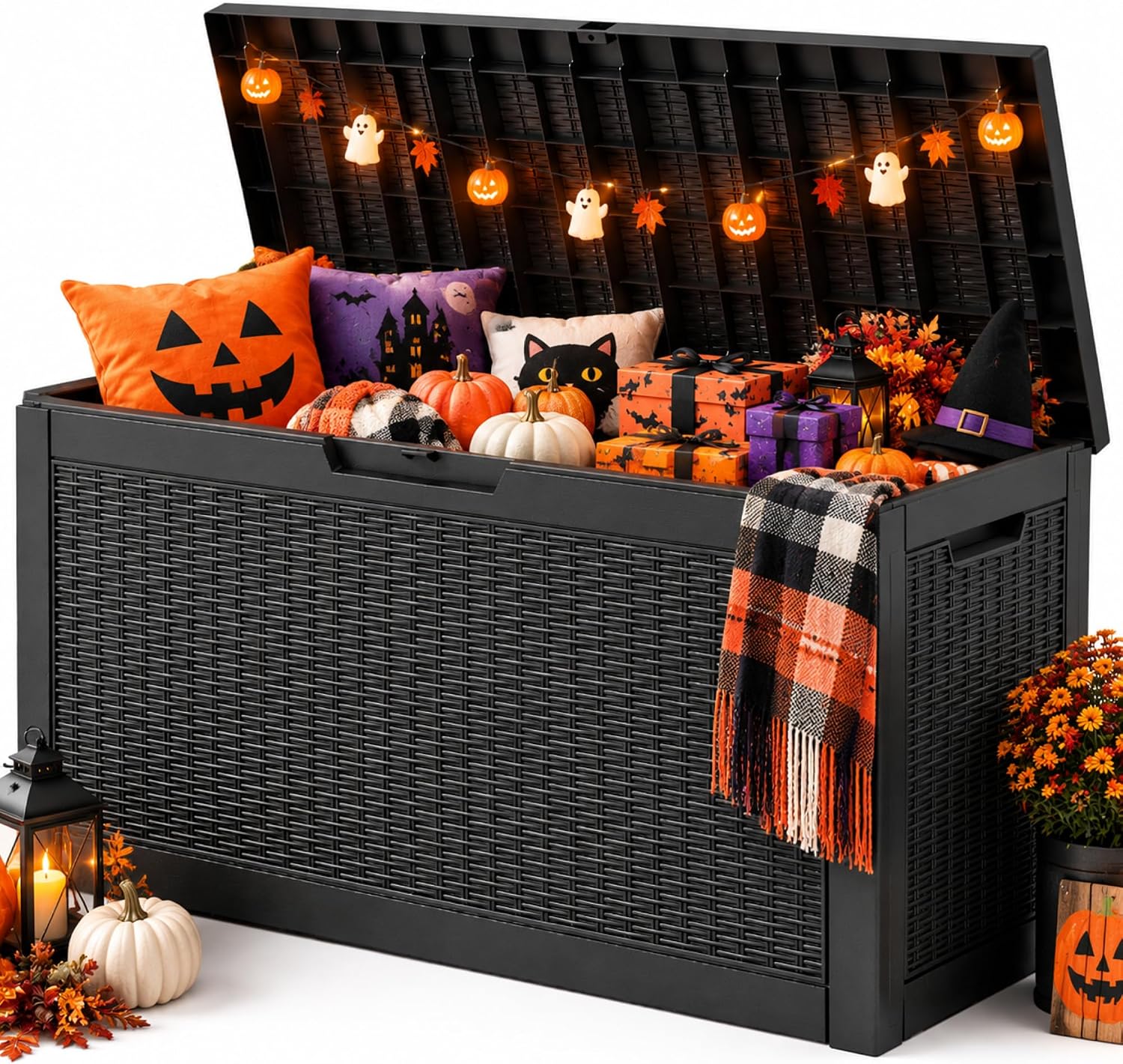 WTFGO 80-Gallon Rattan Black Resin Outdoor Storage Box with Lockable Lid