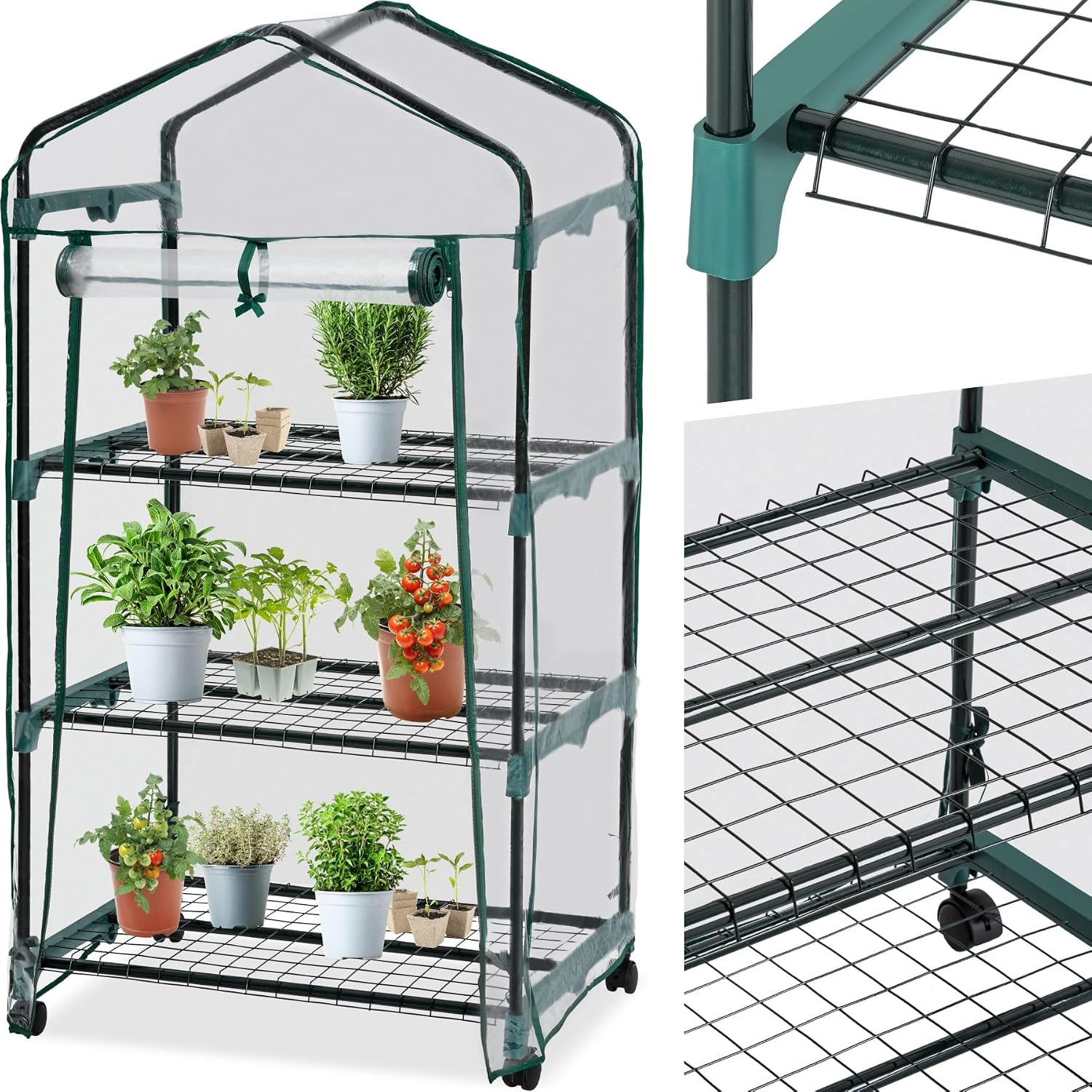 Detalle de tectake 401862-SE flyttbart miniväxthus med tre hyllplan och PVC-folie