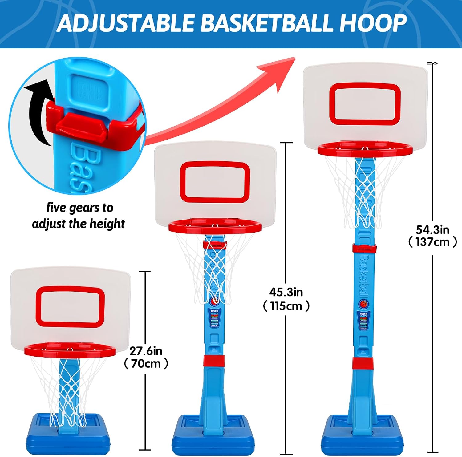 Detalle de Basketball Hoop and Stand for Kids: Adjustable Height 2'3"–4'7" with Balls
