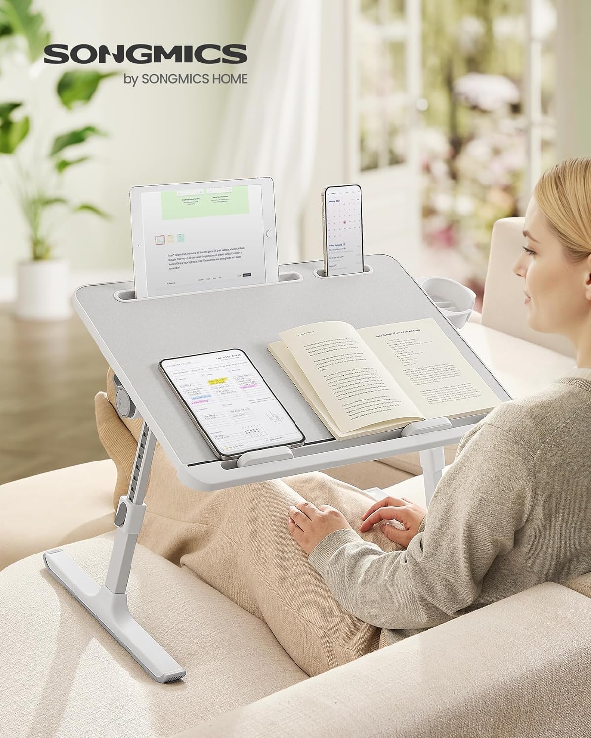 Thumbnail 1 de SONGMICS Laptoptisch LLD113GZ01 – Bett- und Laptoptisch, 56×40 cm, 120° verstellbar, höhenverstellbar, Getränkehalter, Schublade, grau