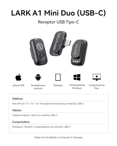 Thumbnail 12 de Hollyland Lark A1 Mini Duo: micrófono inalámbrico de estudio para iPhone 15/16 y Android (2 TX + USB-C RX)