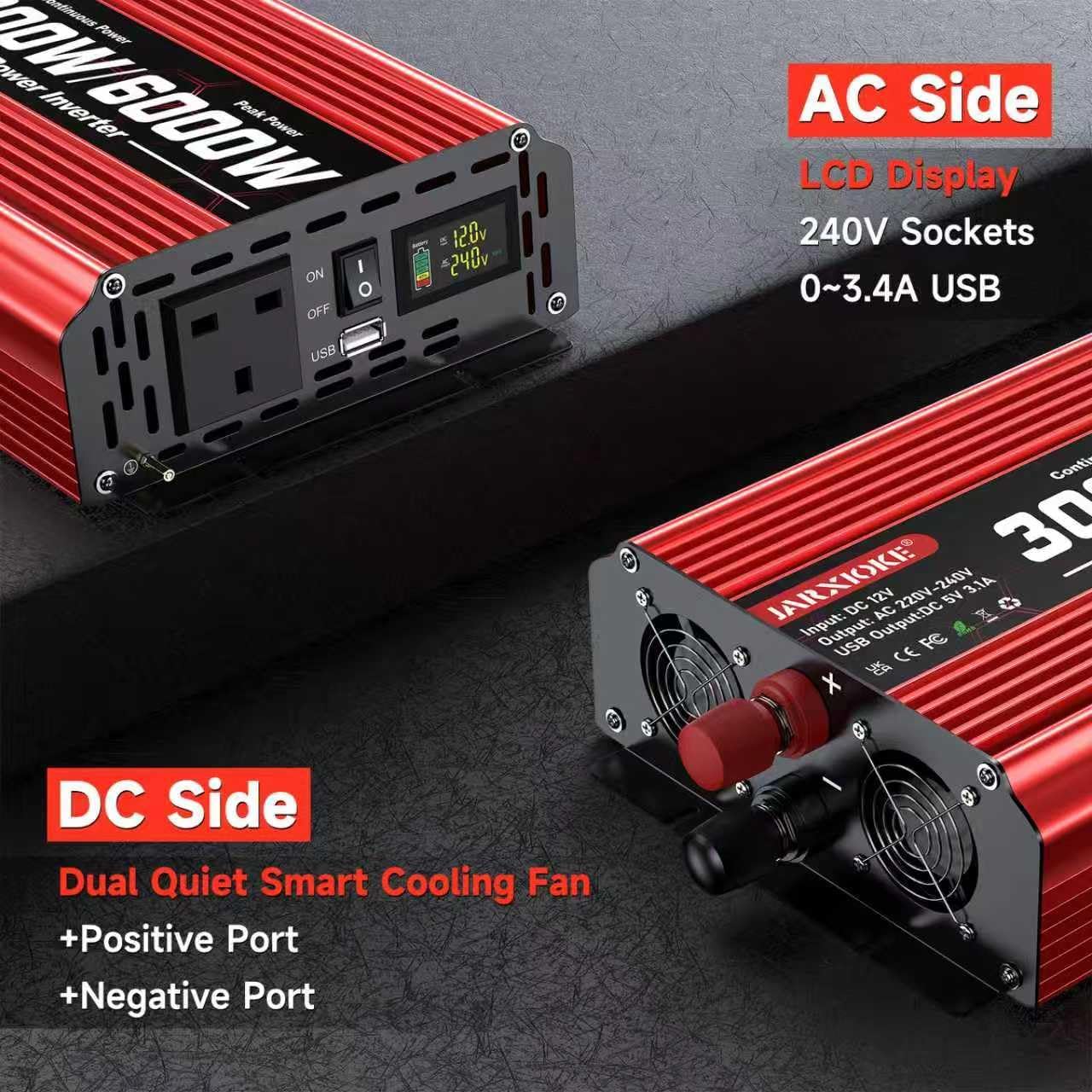 Detalle 2 de 3000W 12V to 240V Modified Sine Wave Car Power Inverter with LCD, 2 AC Sockets and USB